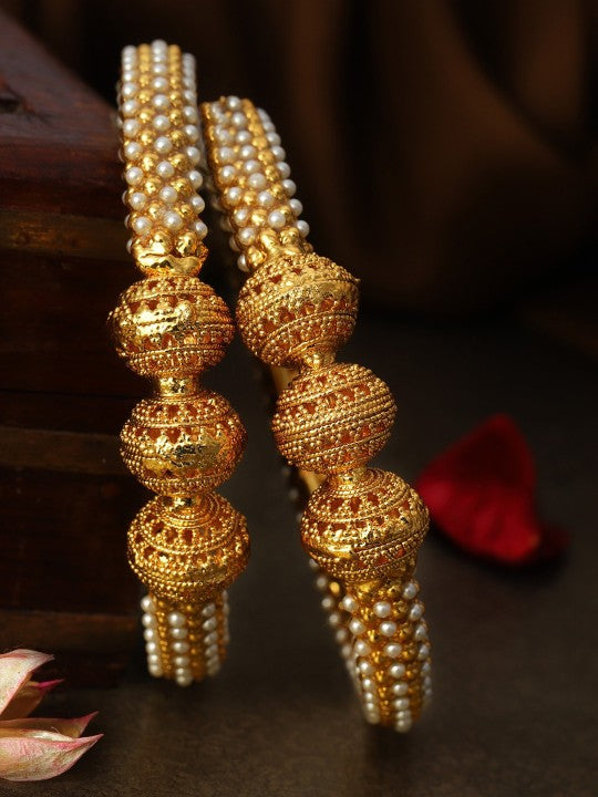 Wentra Set Of 2 Gold-Plated  White Pearls-Studded Handcrafted Bangles