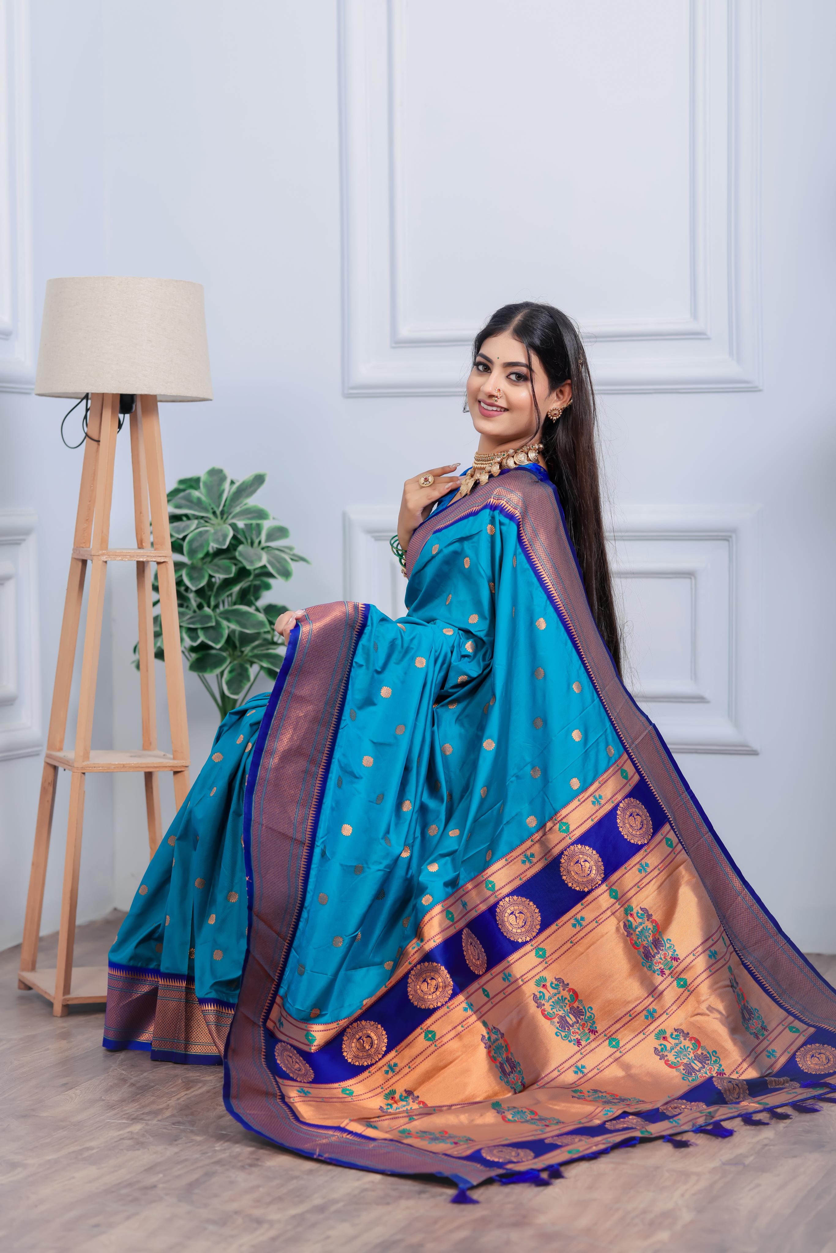 Turquoise Blue Paithani Silk Saree with Golden Zari Butti, Navy Border & Designer Pallu