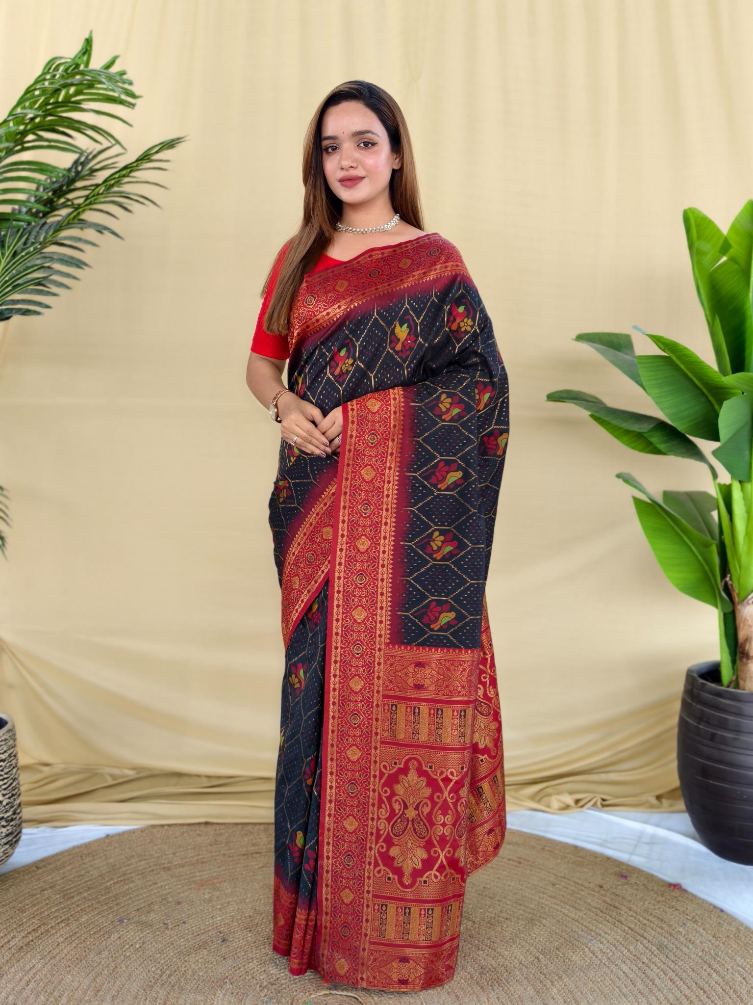 Women's Navy Blue & Red Banarasi Silk Saree with Rich Woven Zari Border