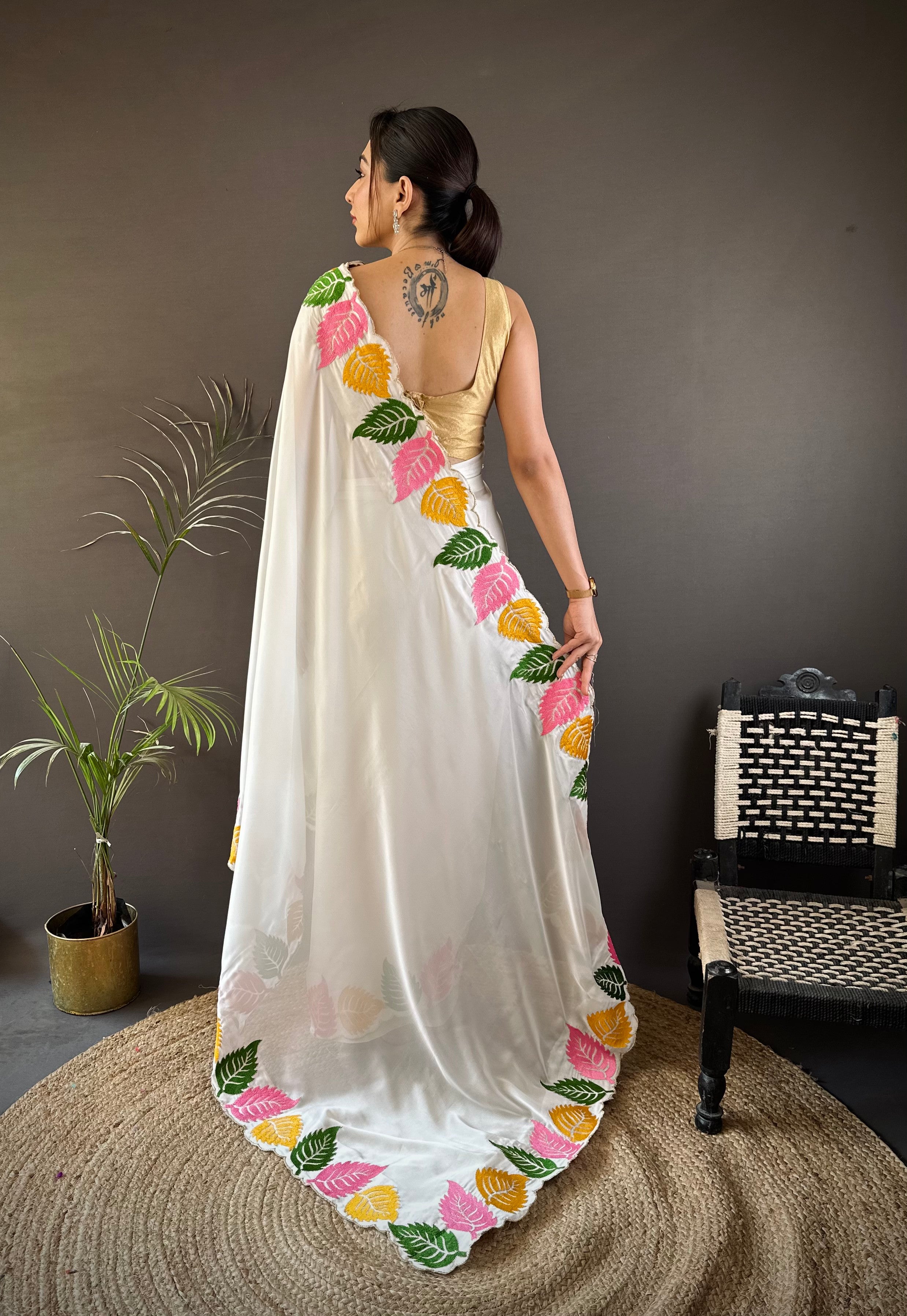 White Georgette Saree with Multicolor Leaf Embroidery Border & Designer Pallu