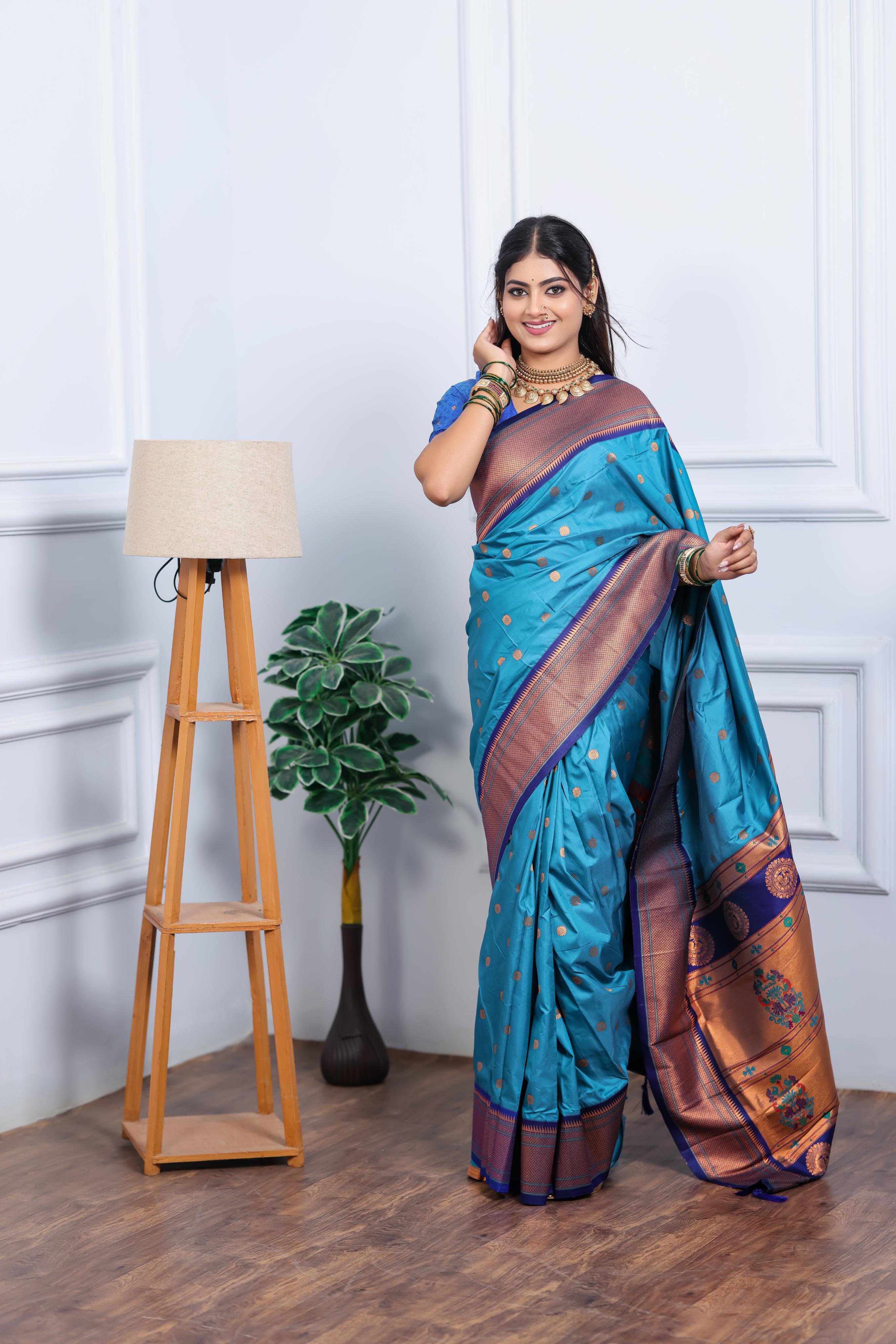 Turquoise Blue Paithani Silk Saree with Golden Zari Butti, Navy Border & Designer Pallu