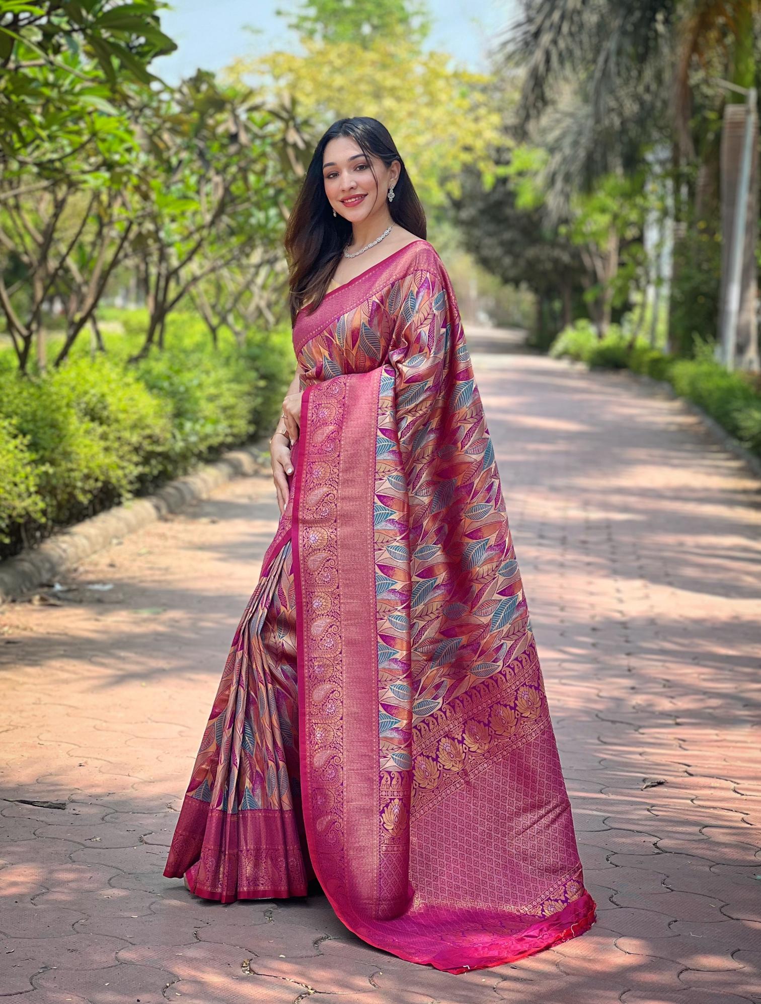 Women's Pink Banarasi Silk Saree with Multicolor Leaf Design & Rich Woven Zari Border