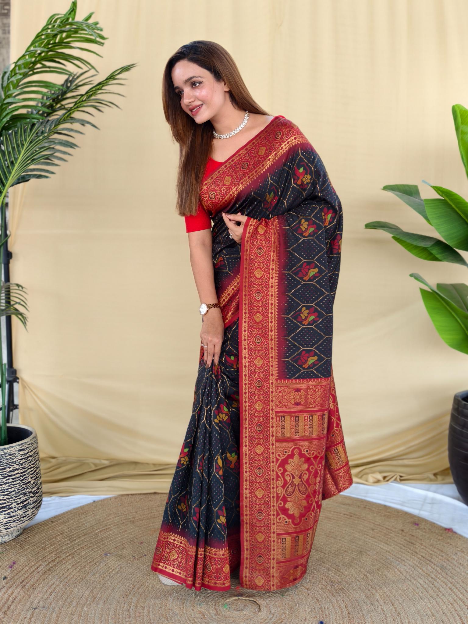 Women's Navy Blue & Red Banarasi Silk Saree with Rich Woven Zari Border