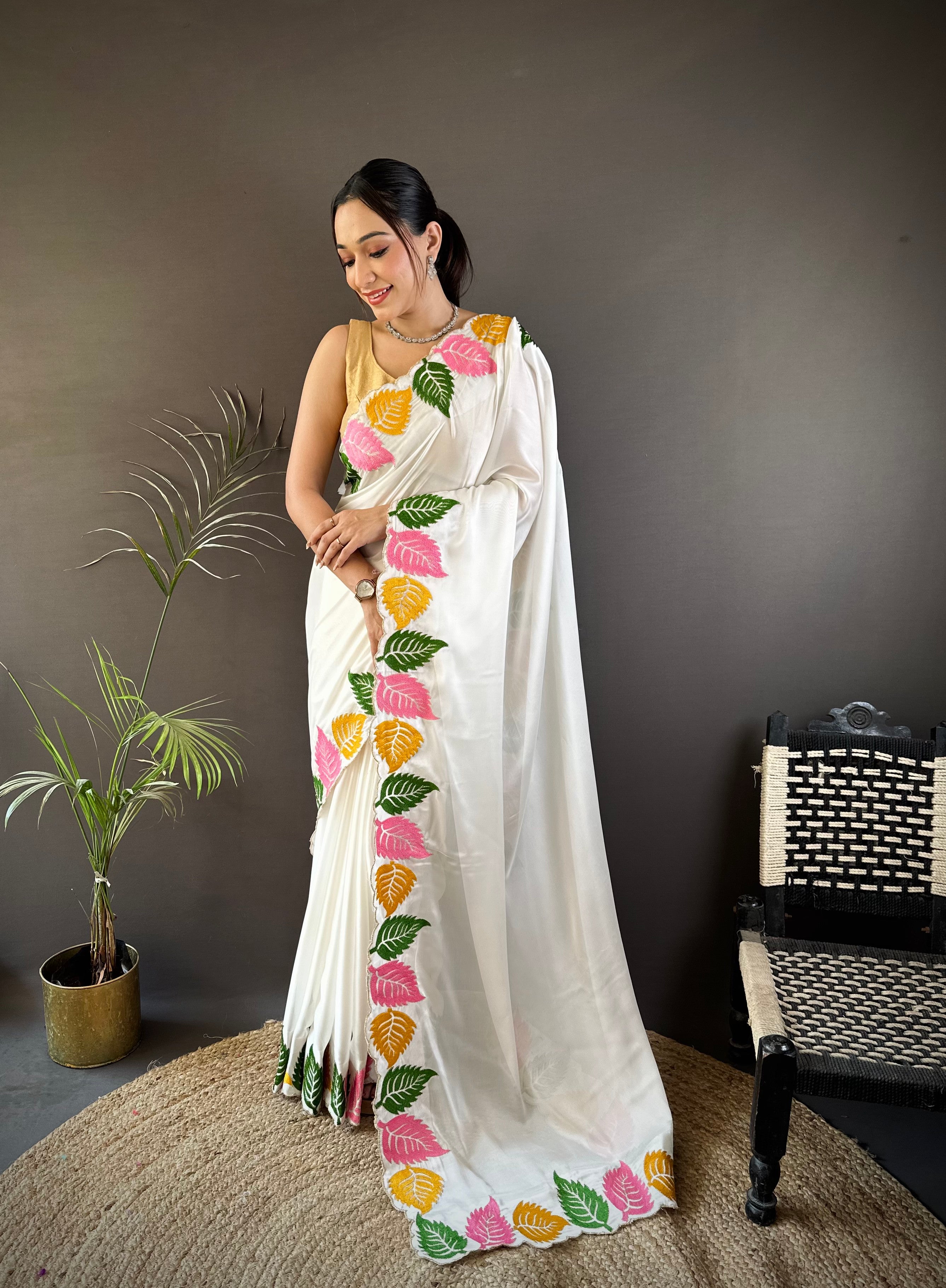 White Georgette Saree with Multicolor Leaf Embroidery Border & Designer Pallu