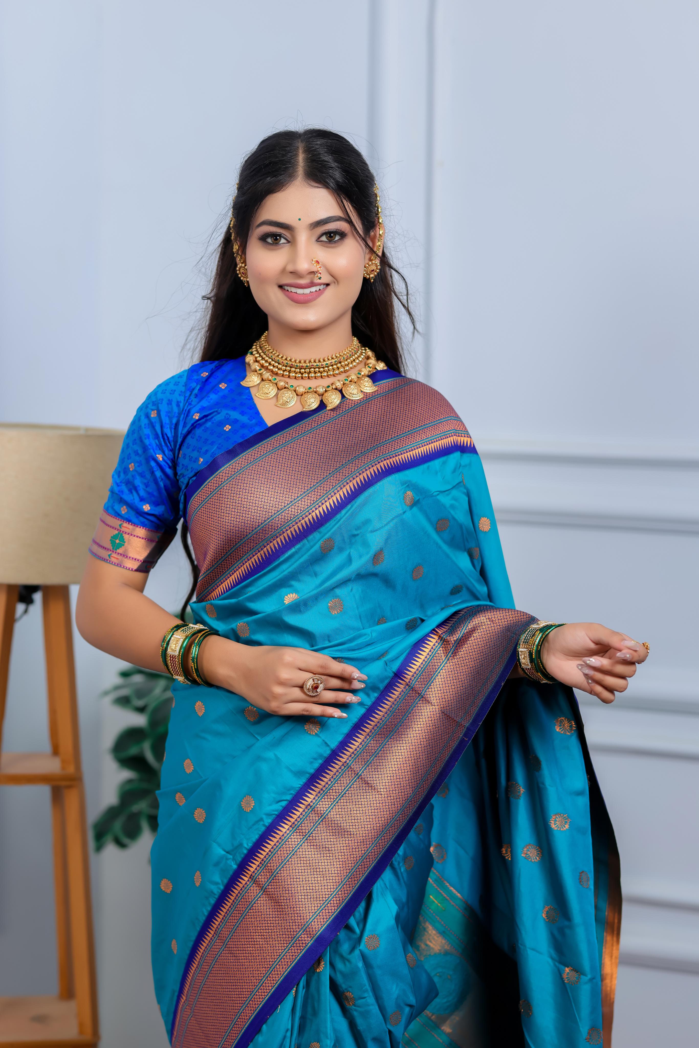 Turquoise Blue Paithani Silk Saree with Golden Zari Butti, Navy Border & Designer Pallu