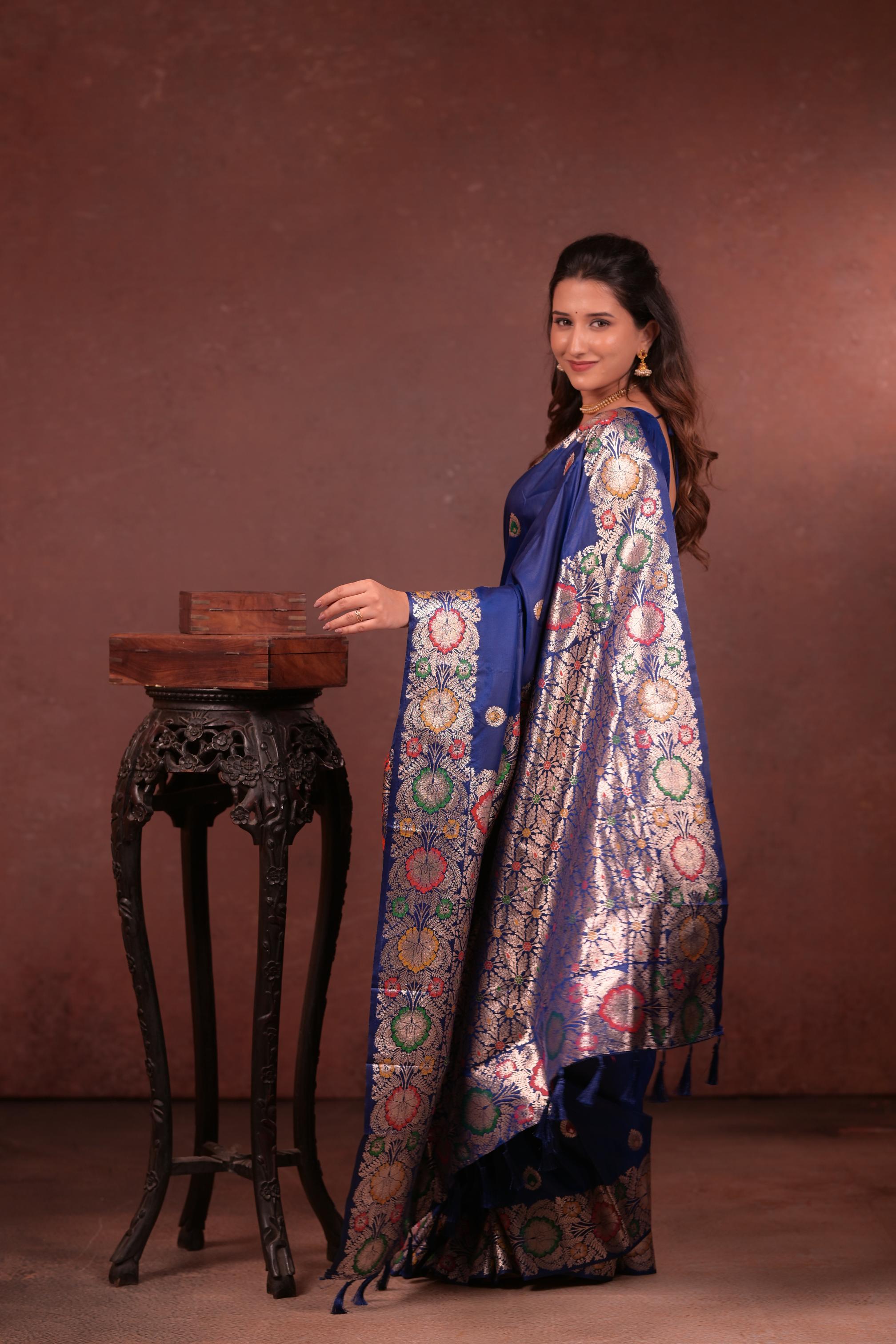 Royal Blue Banarasi Silk Saree with Multicolor Floral Zari Woven Border & Rich Designer Pallu