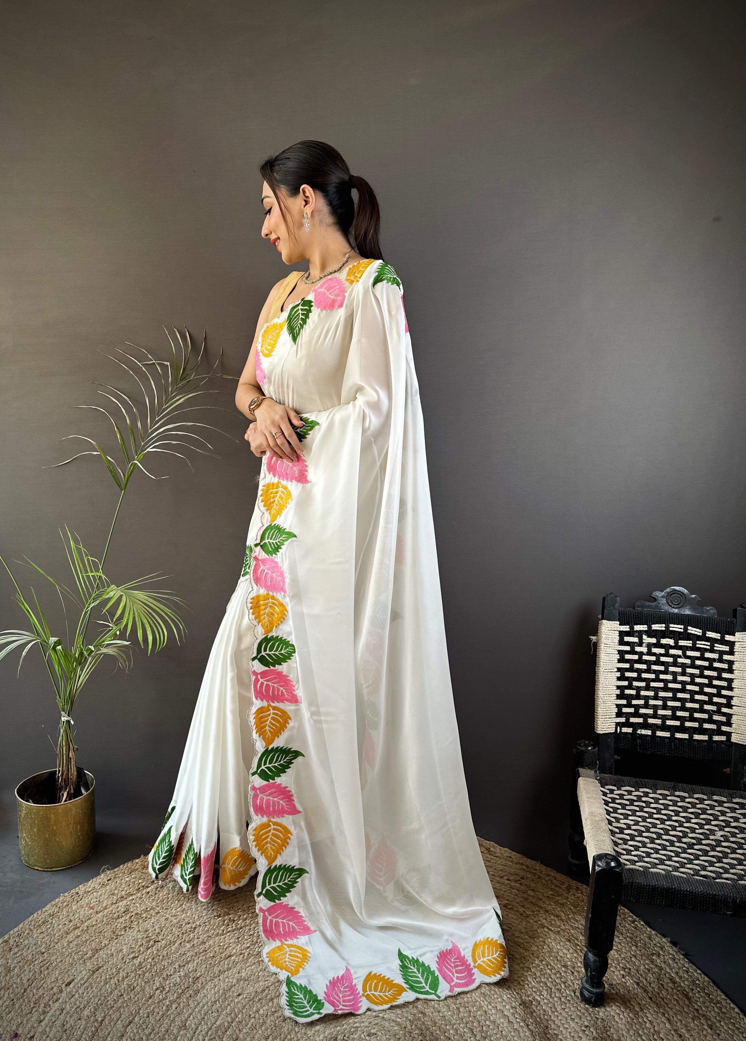 White Georgette Saree with Multicolor Leaf Embroidery Border & Designer Pallu