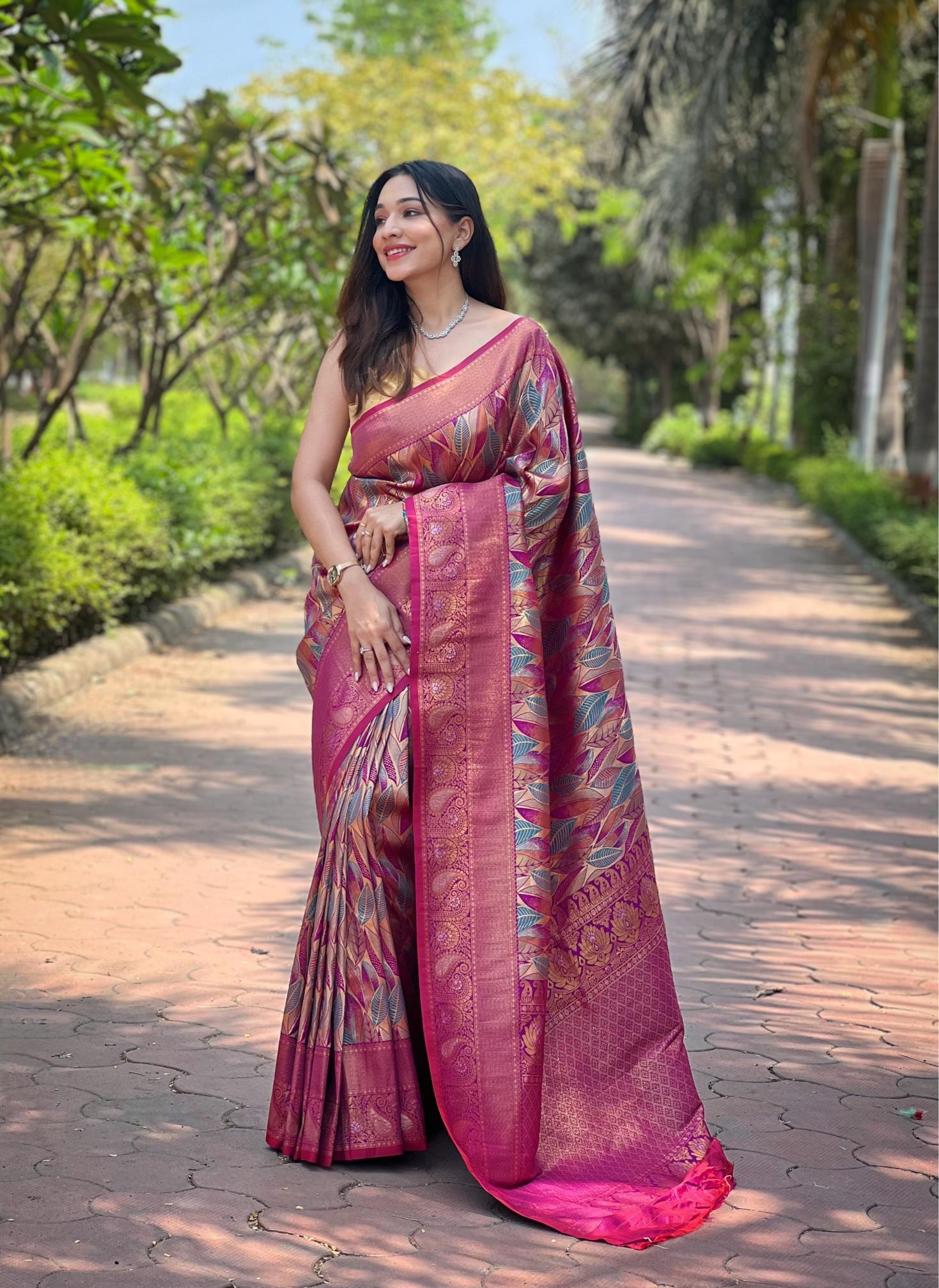 Women's Pink Banarasi Silk Saree with Multicolor Leaf Design & Rich Woven Zari Border