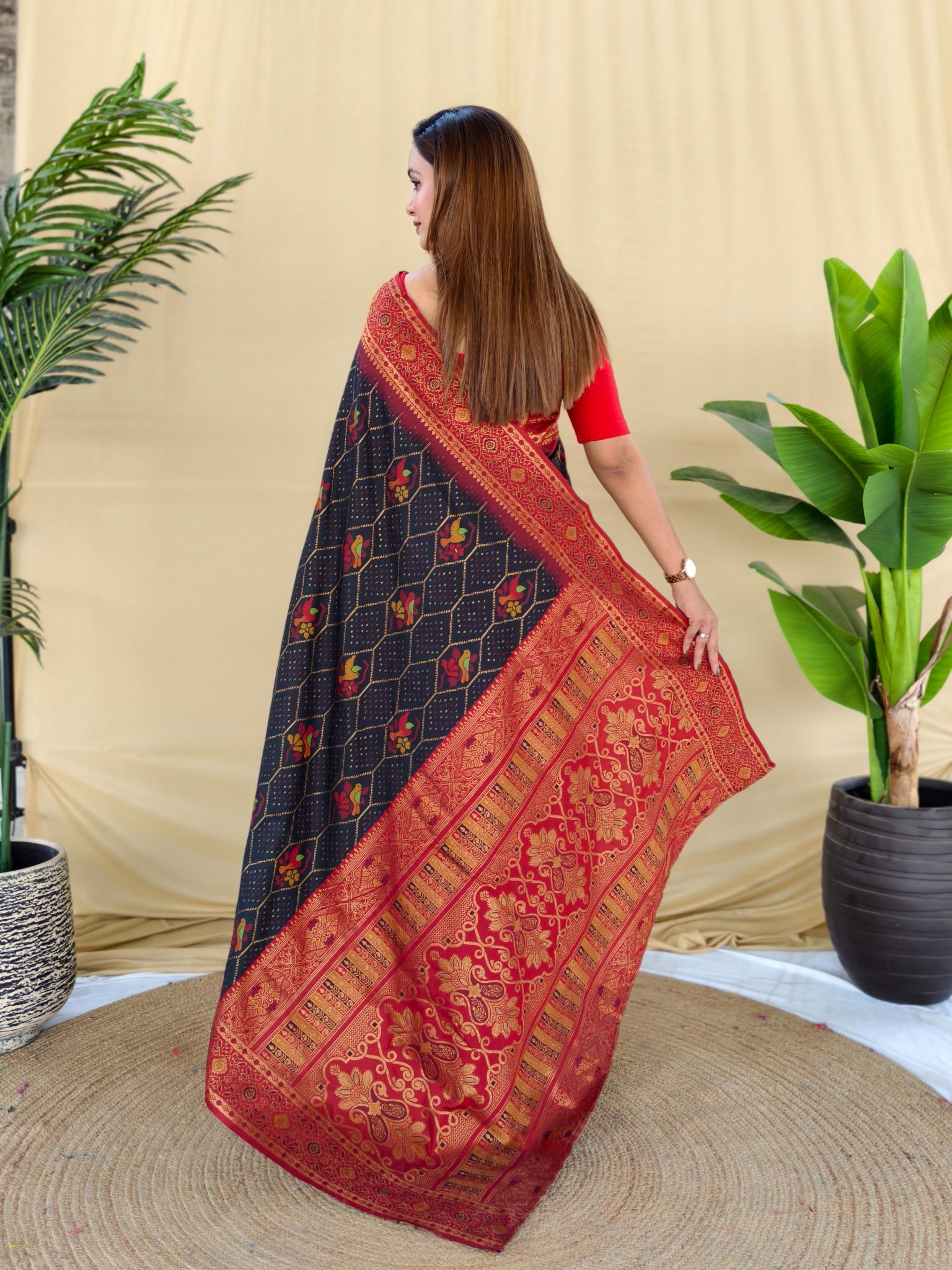 Women's Navy Blue & Red Banarasi Silk Saree with Rich Woven Zari Border