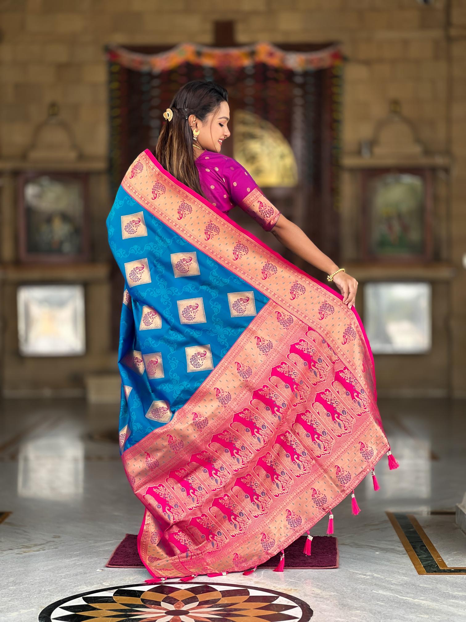Premium Peacock Blue Banarasi Silk Saree for Women