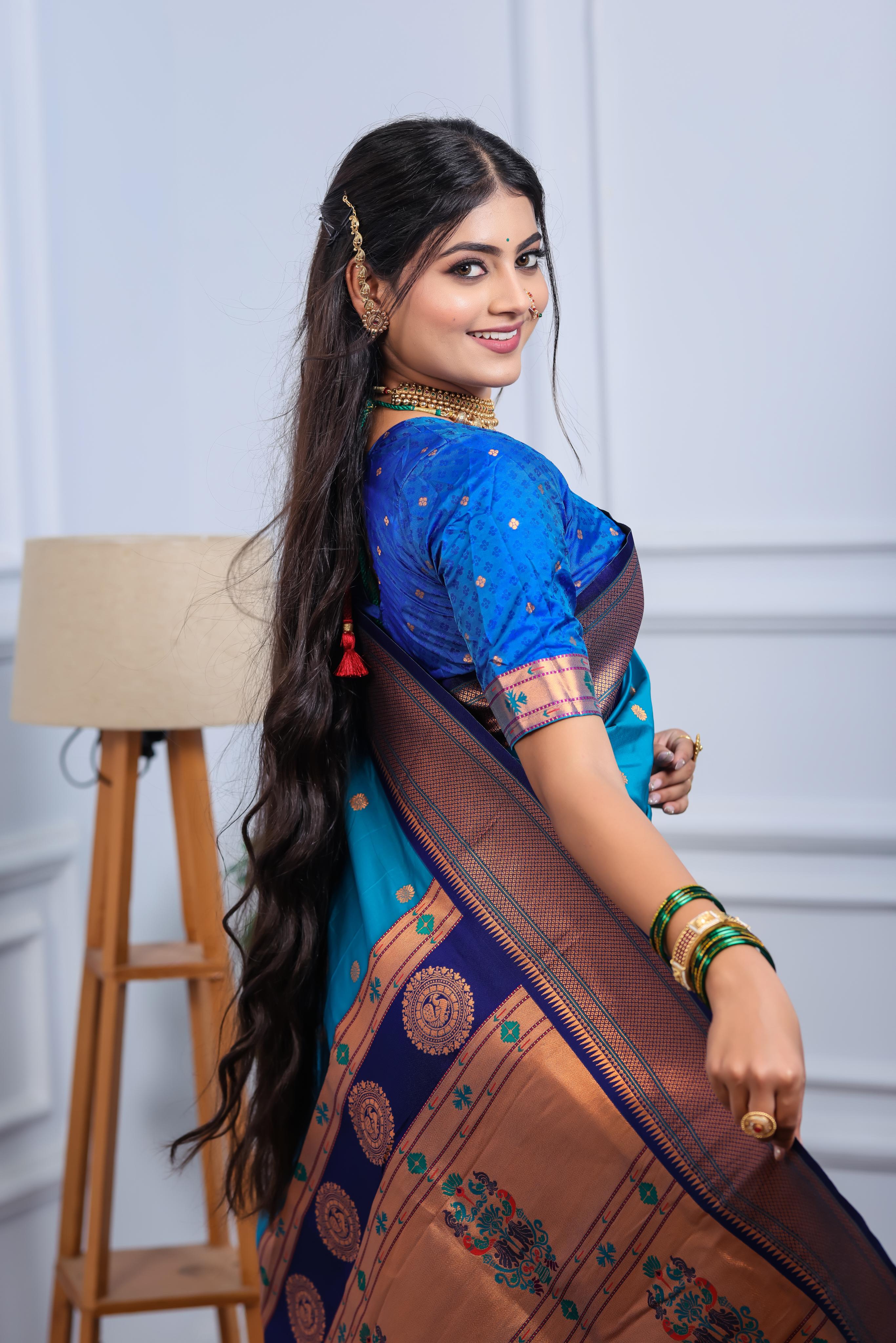 Turquoise Blue Paithani Silk Saree with Golden Zari Butti, Navy Border & Designer Pallu