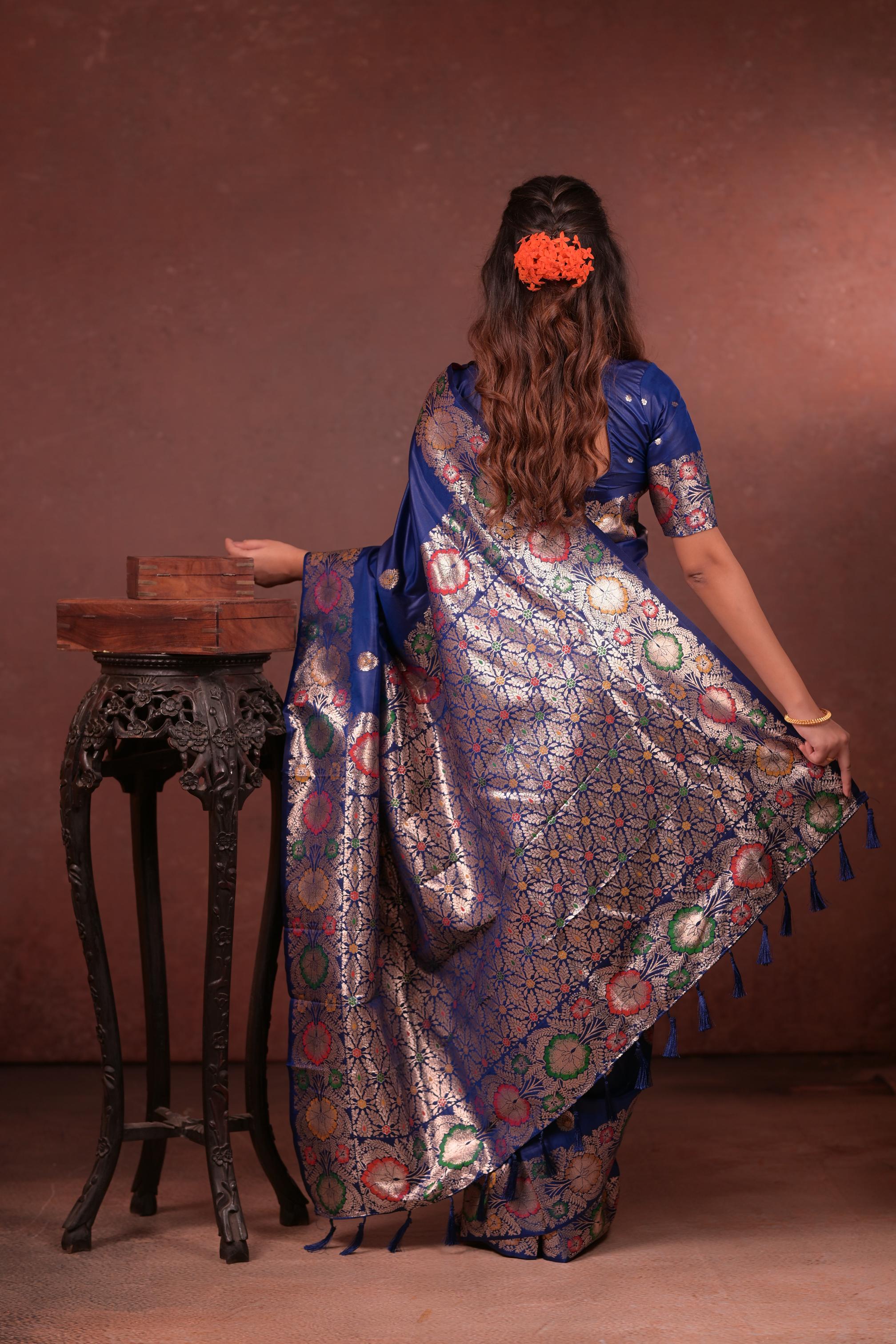 Royal Blue Banarasi Silk Saree with Multicolor Floral Zari Woven Border & Rich Designer Pallu