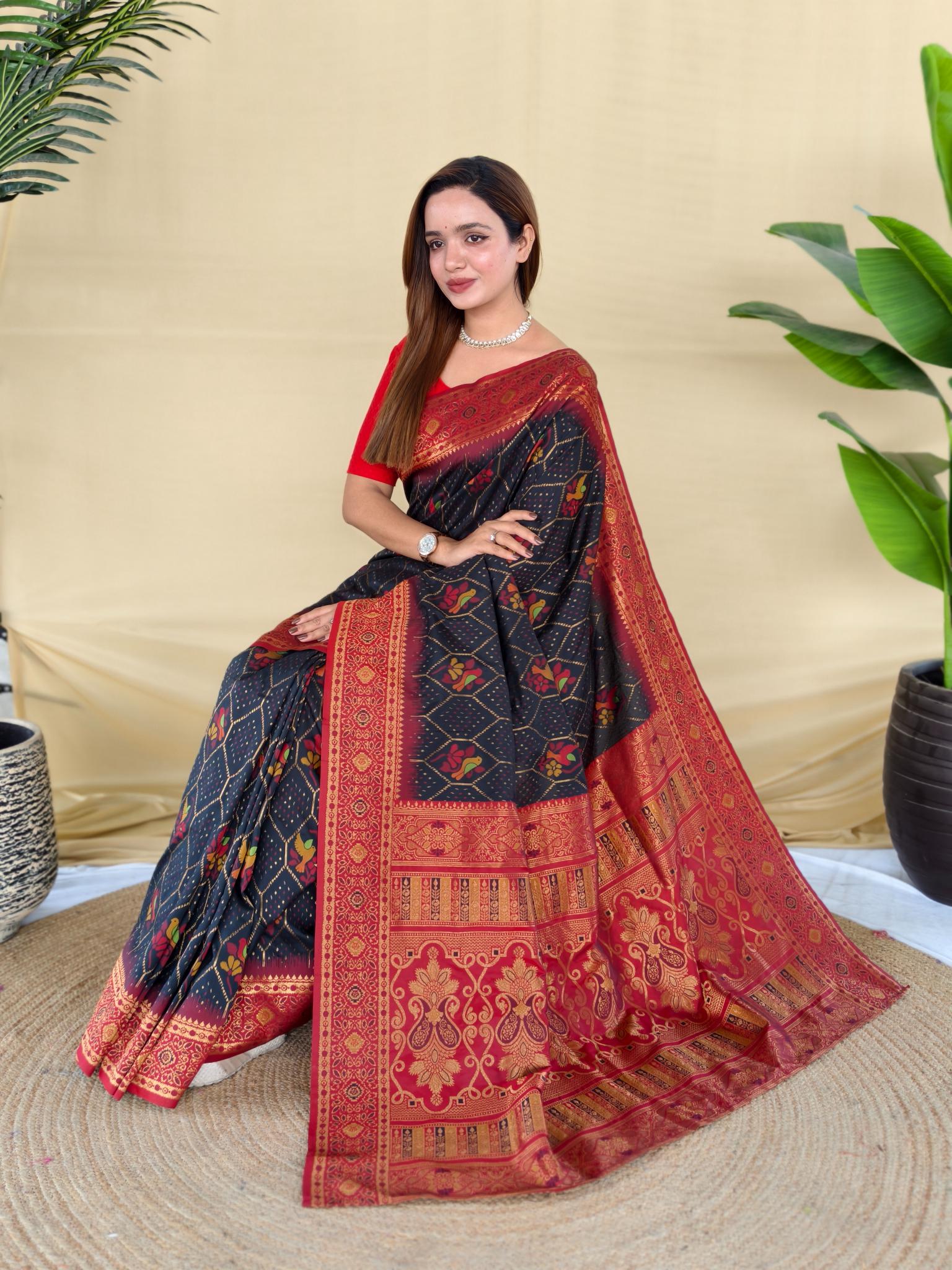 Women's Navy Blue & Red Banarasi Silk Saree with Rich Woven Zari Border