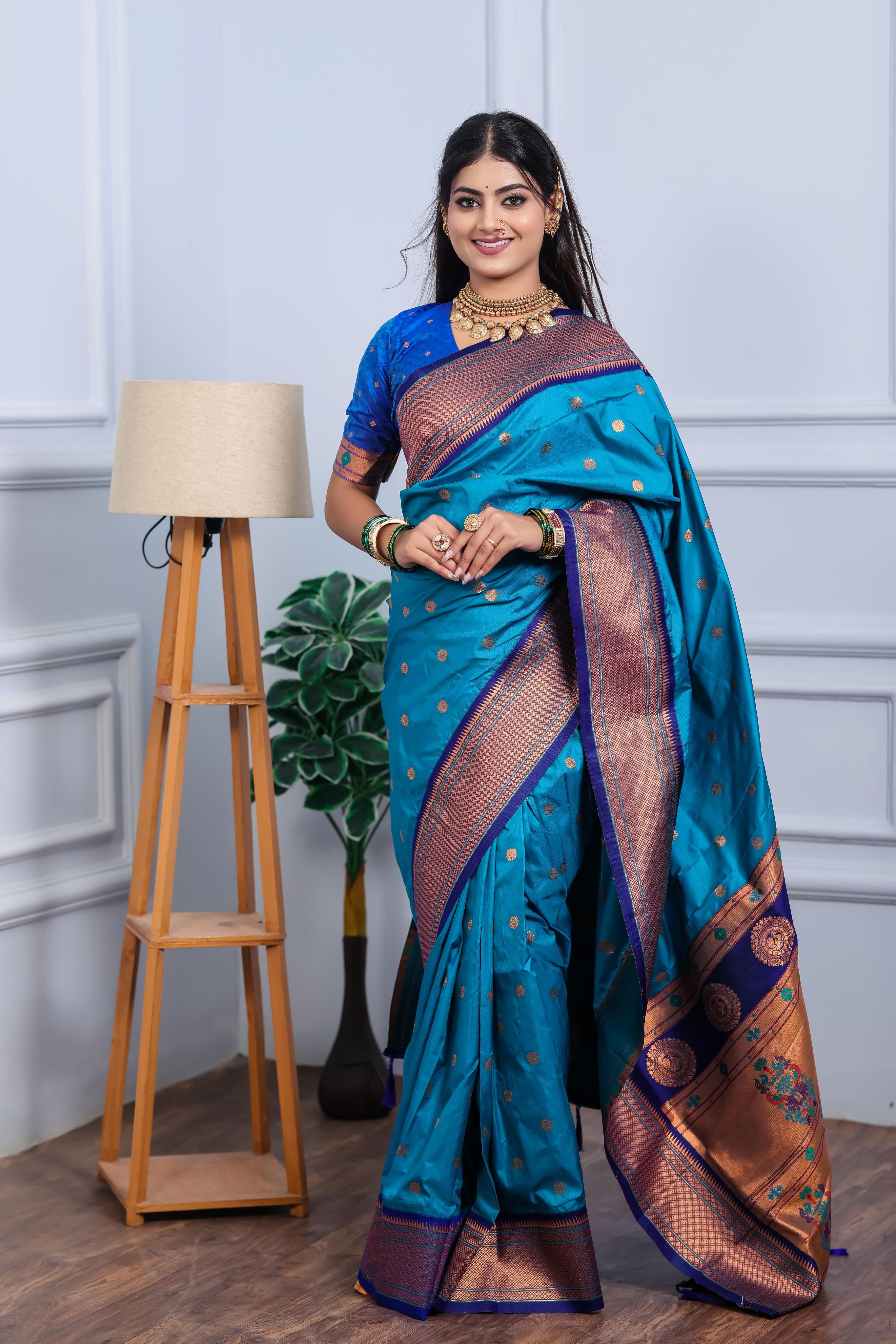Turquoise Blue Paithani Silk Saree with Golden Zari Butti, Navy Border & Designer Pallu