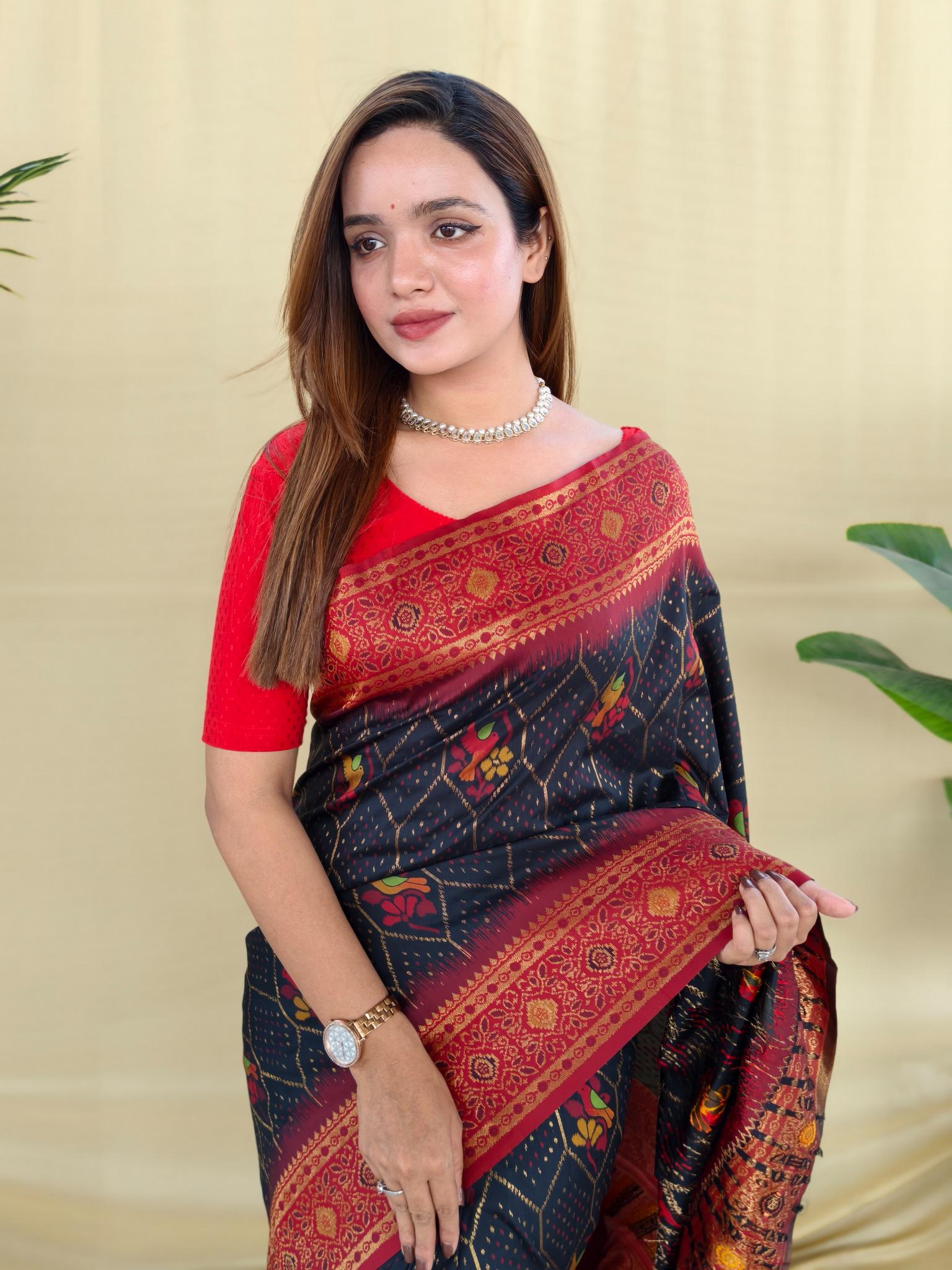 Women's Navy Blue & Red Banarasi Silk Saree with Rich Woven Zari Border