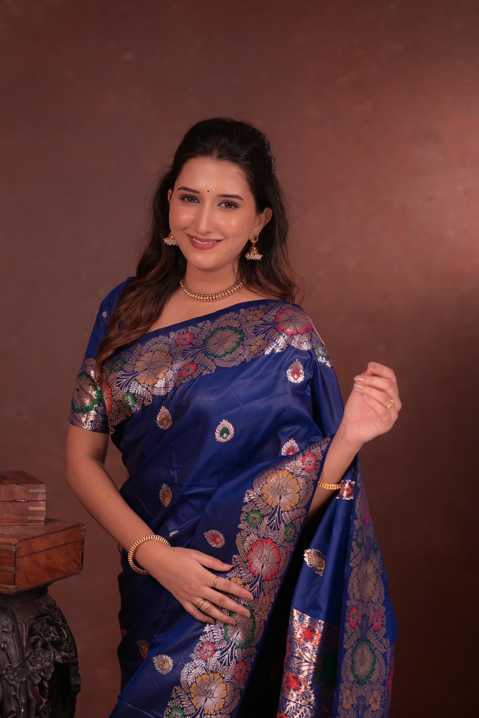 Royal Blue Banarasi Silk Saree with Multicolor Floral Zari Woven Border & Rich Designer Pallu