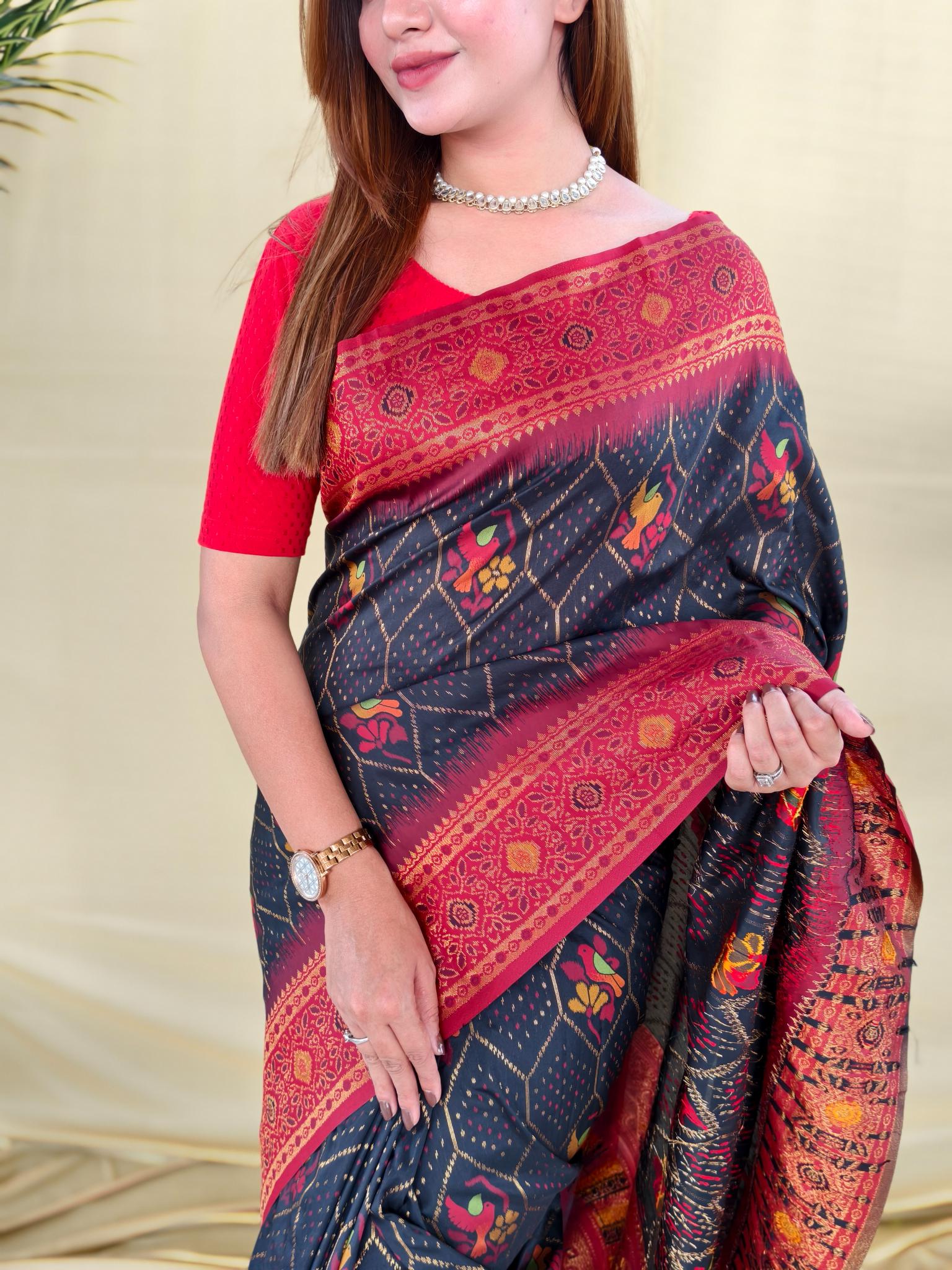 Women's Navy Blue & Red Banarasi Silk Saree with Rich Woven Zari Border