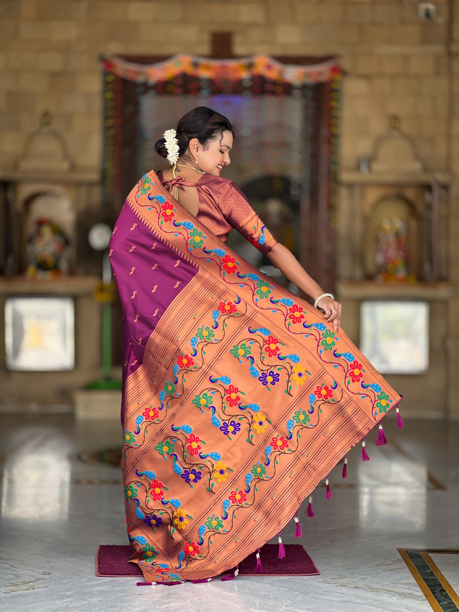 Premium Wine Purple Paithani Silk Saree for Women