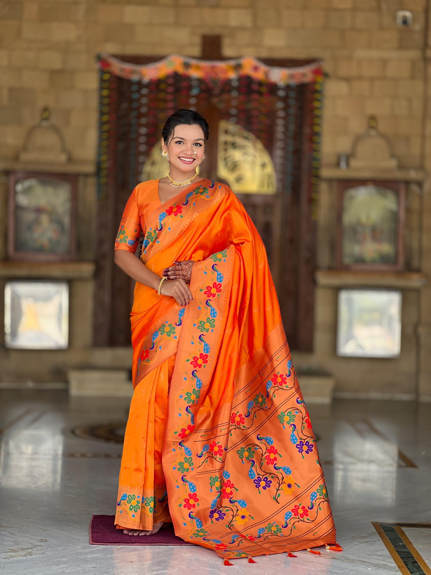 Premium Orange Paithani Silk Saree for Women