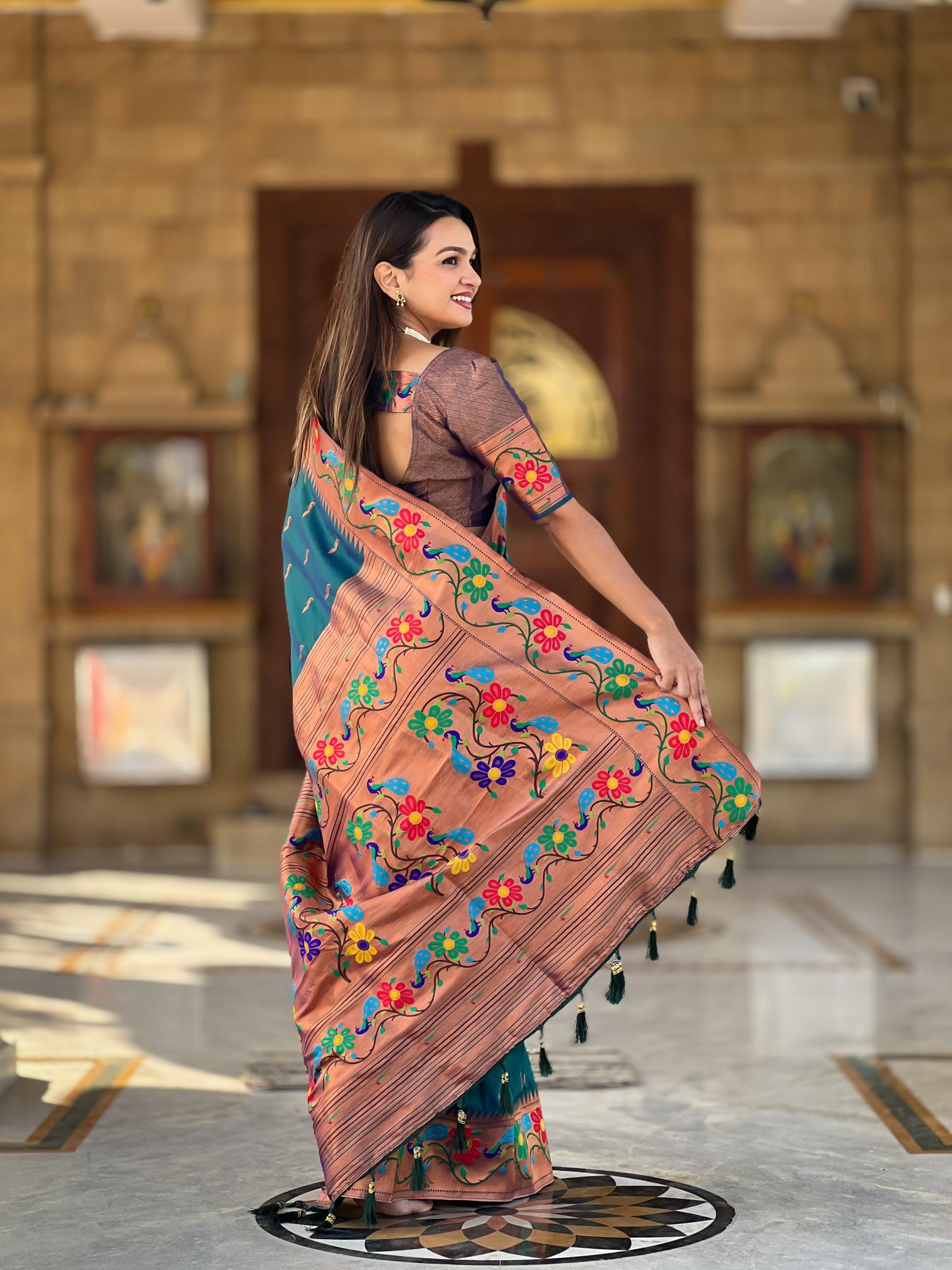 Premium Teal Blue Paithani Silk Saree for Women