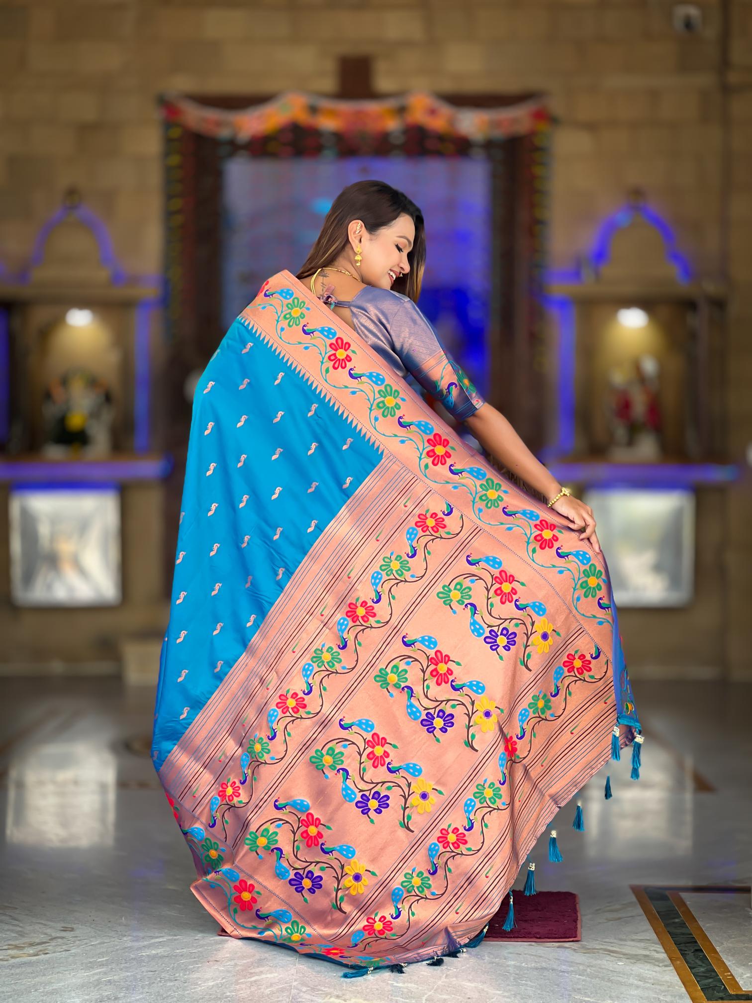 Premium Sky Blue Paithani Silk Saree for Women