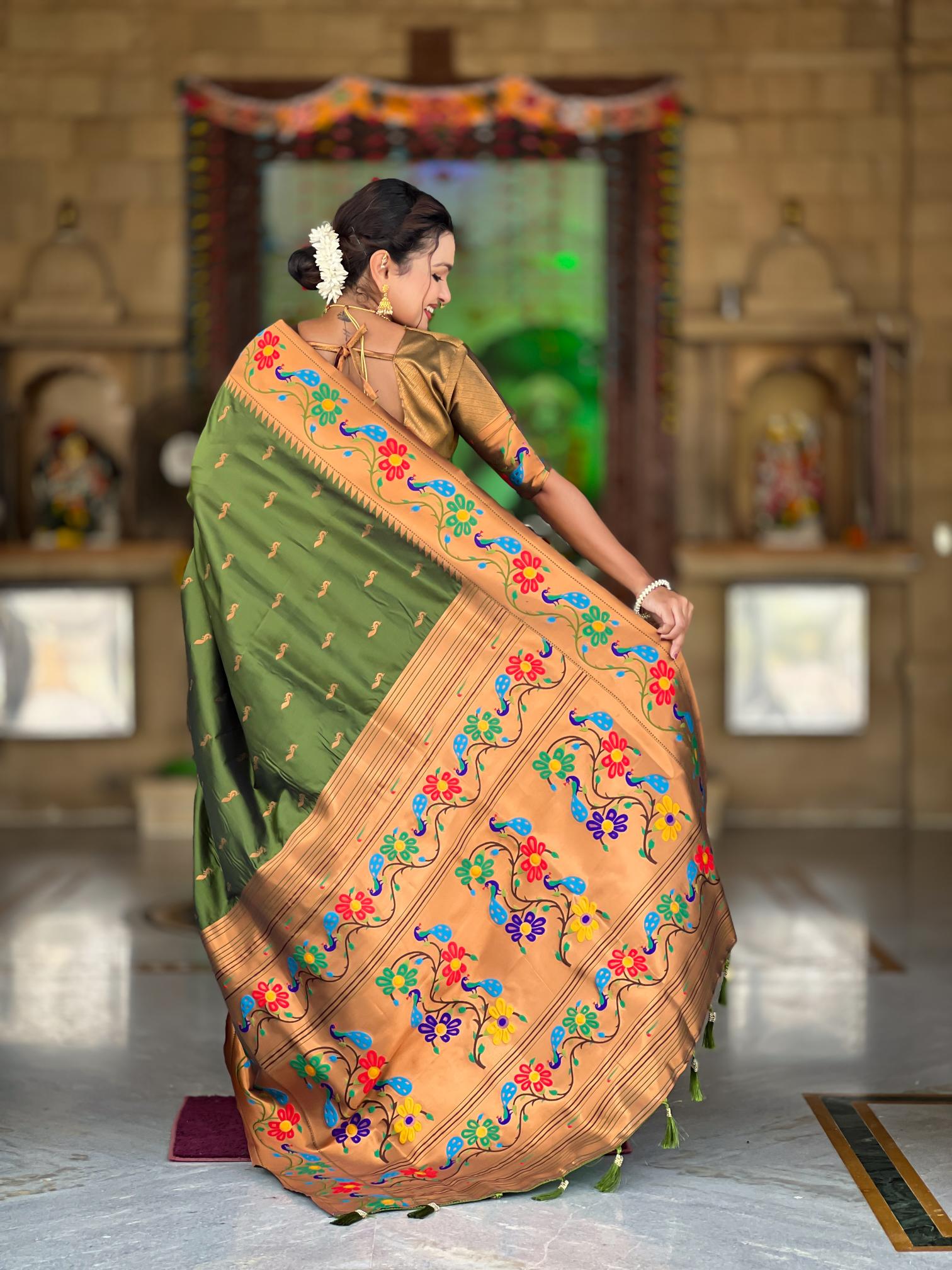 Premium Olive Green Paithani Silk Saree for Women