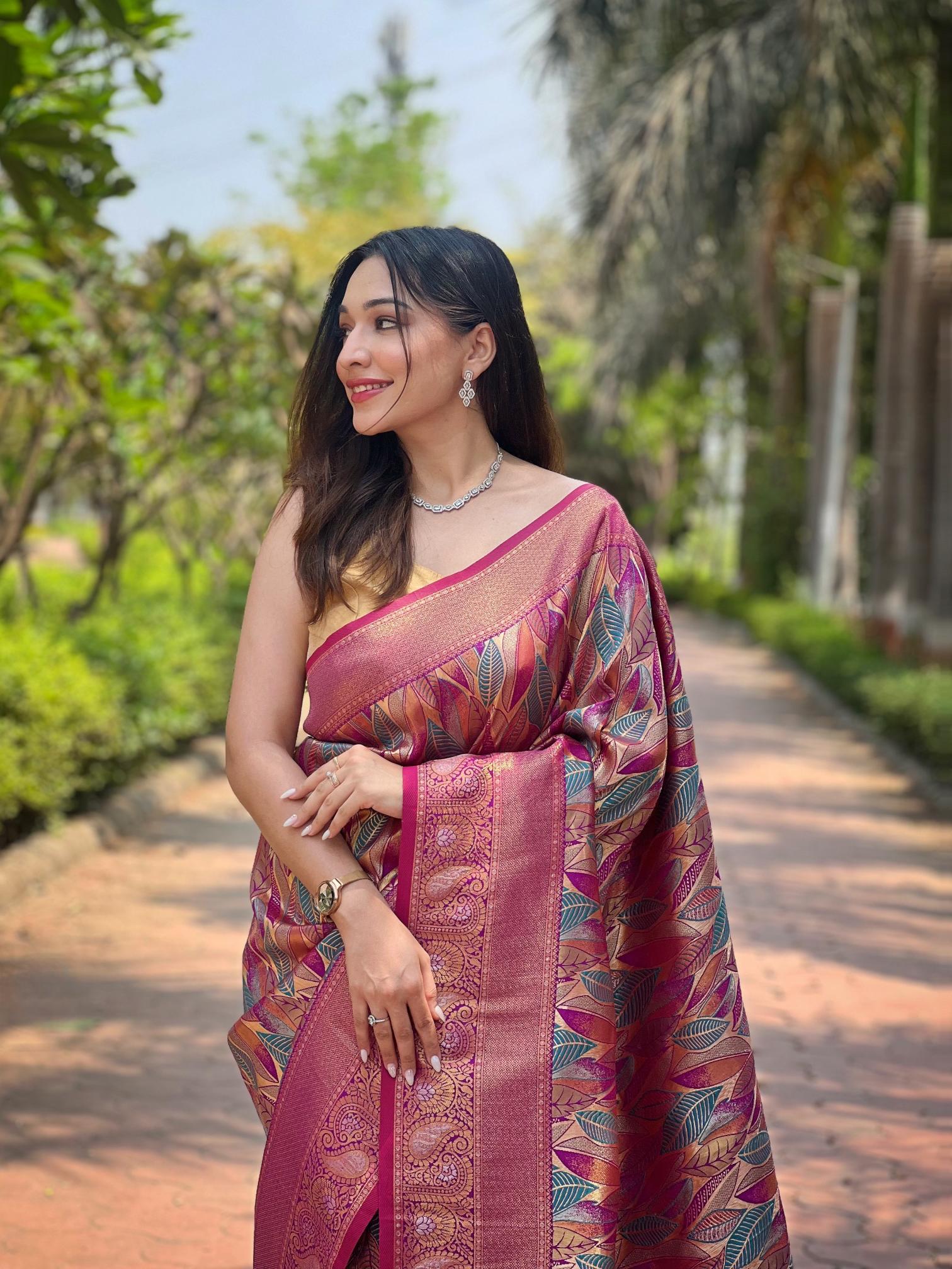 Women's Pink Banarasi Silk Saree with Multicolor Leaf Design & Rich Woven Zari Border
