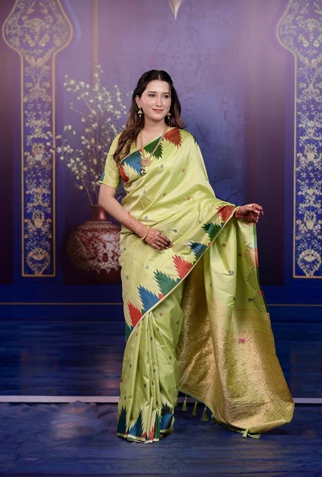 Parrot Green Banarasi Silk Saree with Multicolor Ikat Design & Rich Zari Woven Pallu