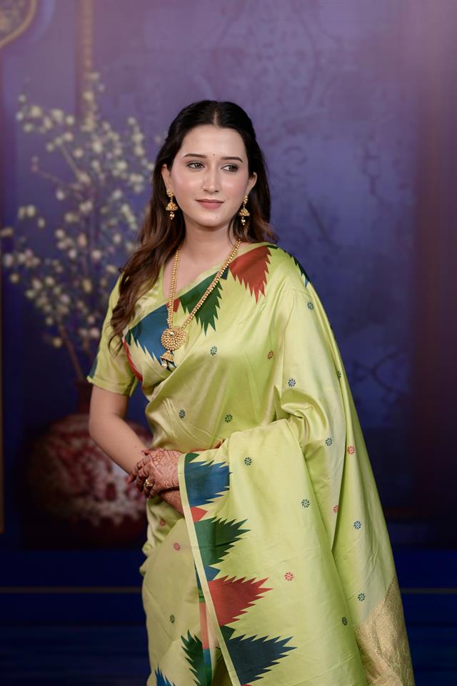 Parrot Green Banarasi Silk Saree with Multicolor Ikat Design & Rich Zari Woven Pallu