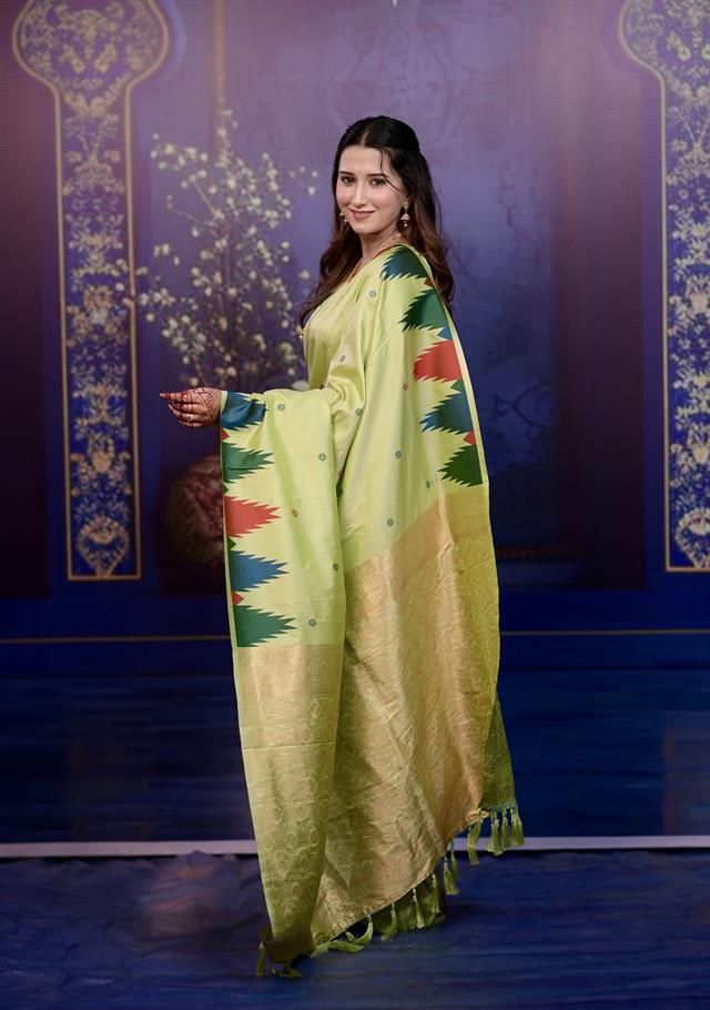 Parrot Green Banarasi Silk Saree with Multicolor Ikat Design & Rich Zari Woven Pallu