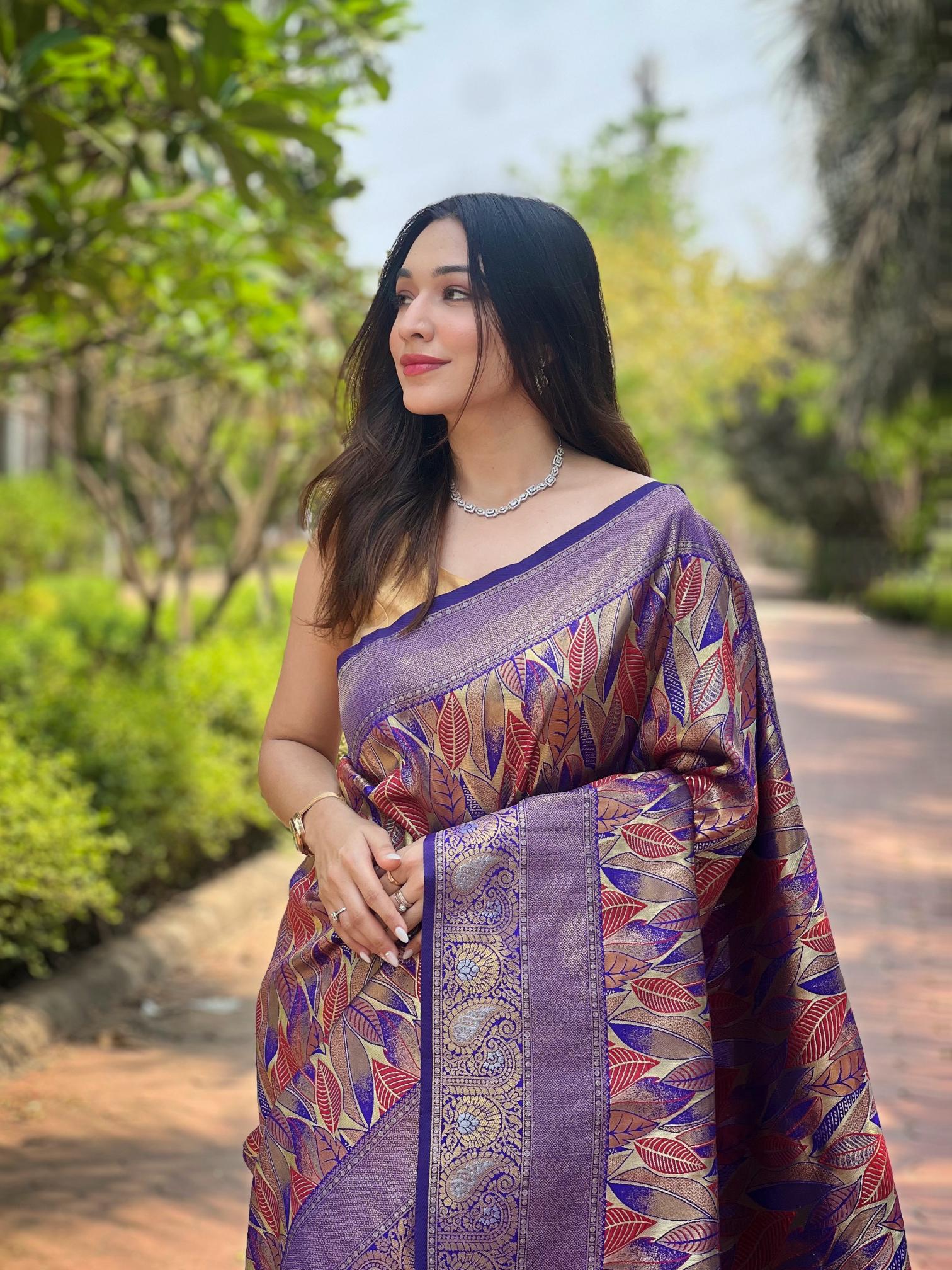 Women's Lavender Purple Banarasi Silk Saree with Multicolor Leaf Design & Rich Woven Zari Border