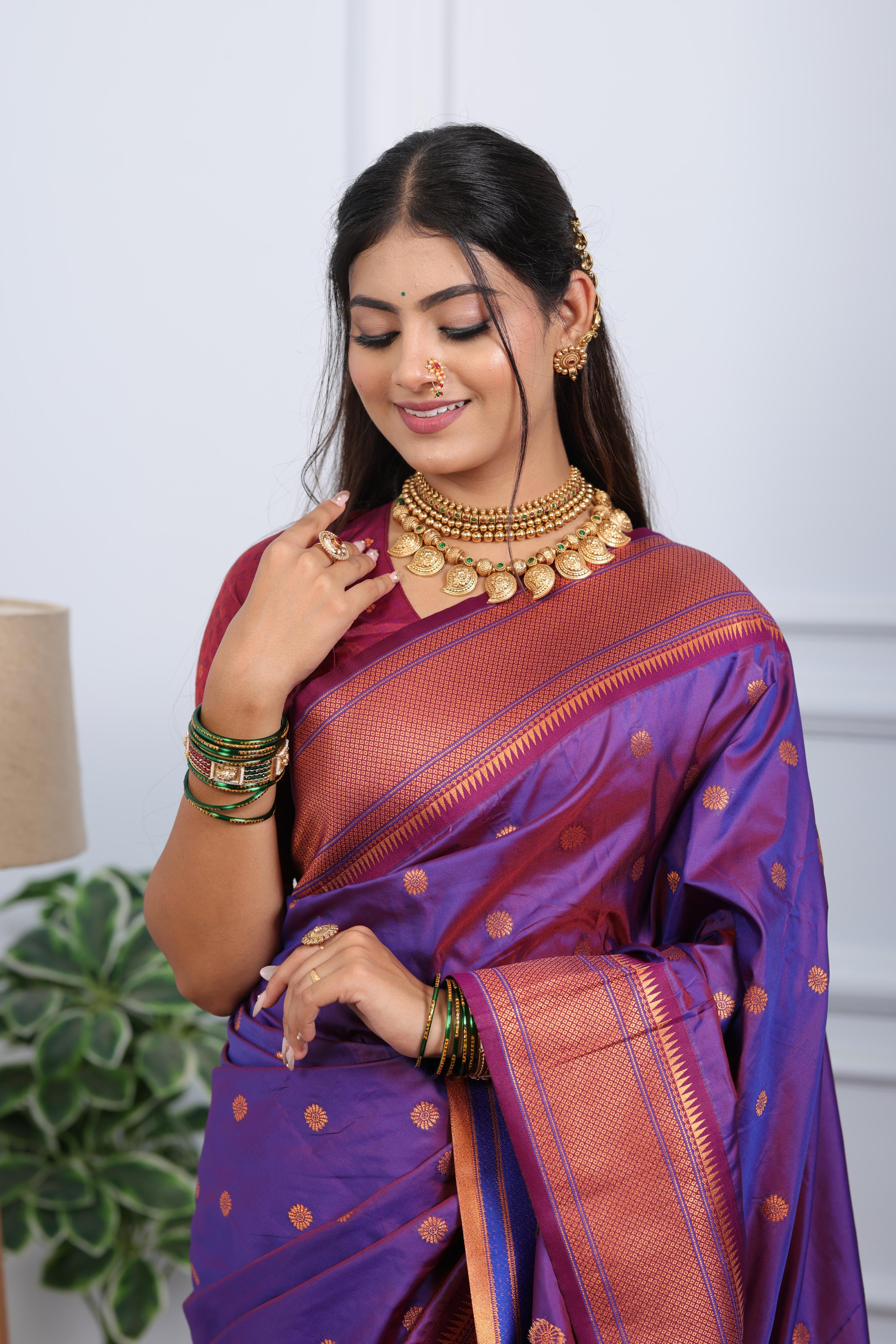 Purple Paithani Silk Saree with Golden Zari Butti, Copper Border & Designer Pallu