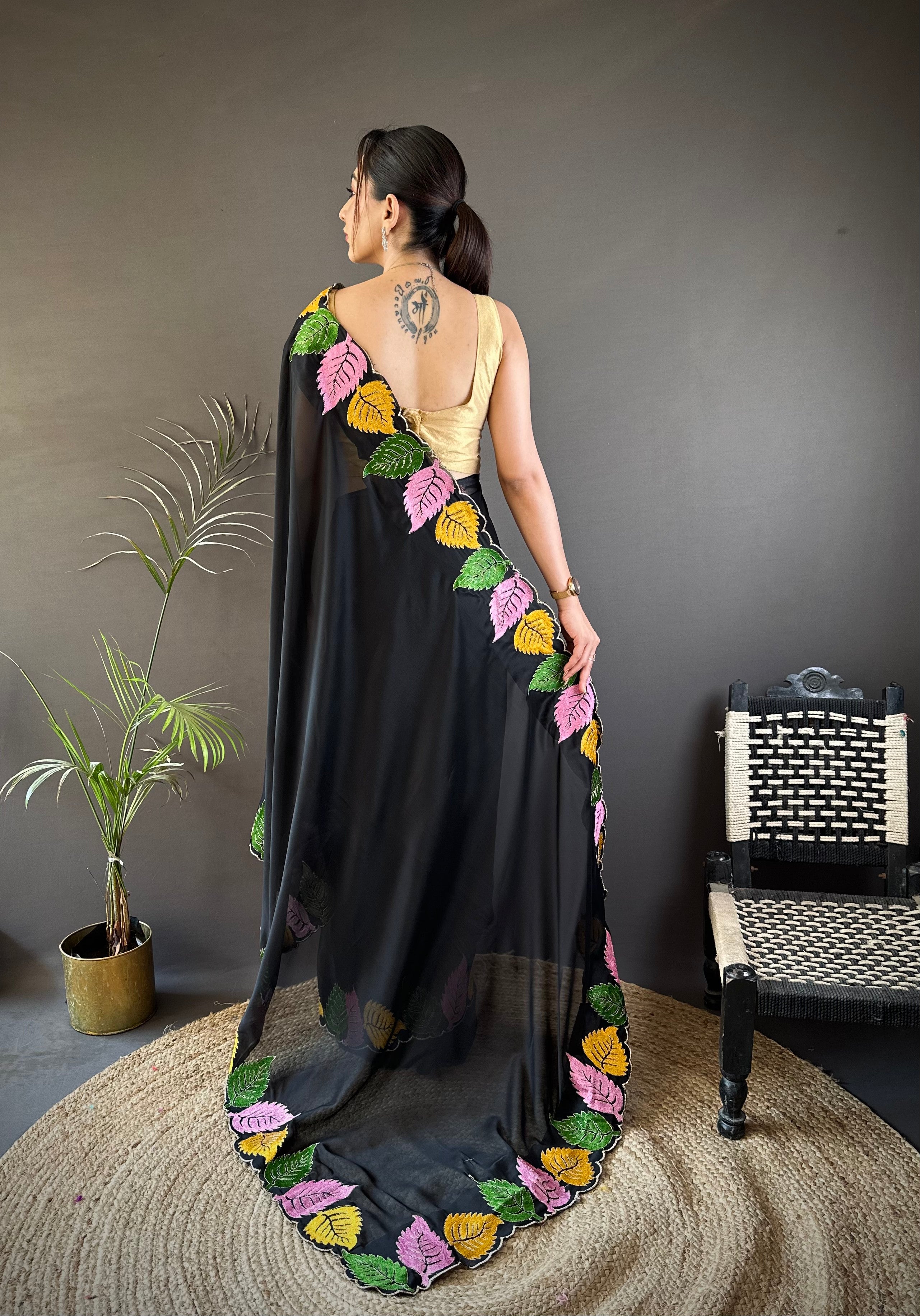 Black Georgette Saree with Multicolor Leaf Embroidery Border & Designer Pallu
