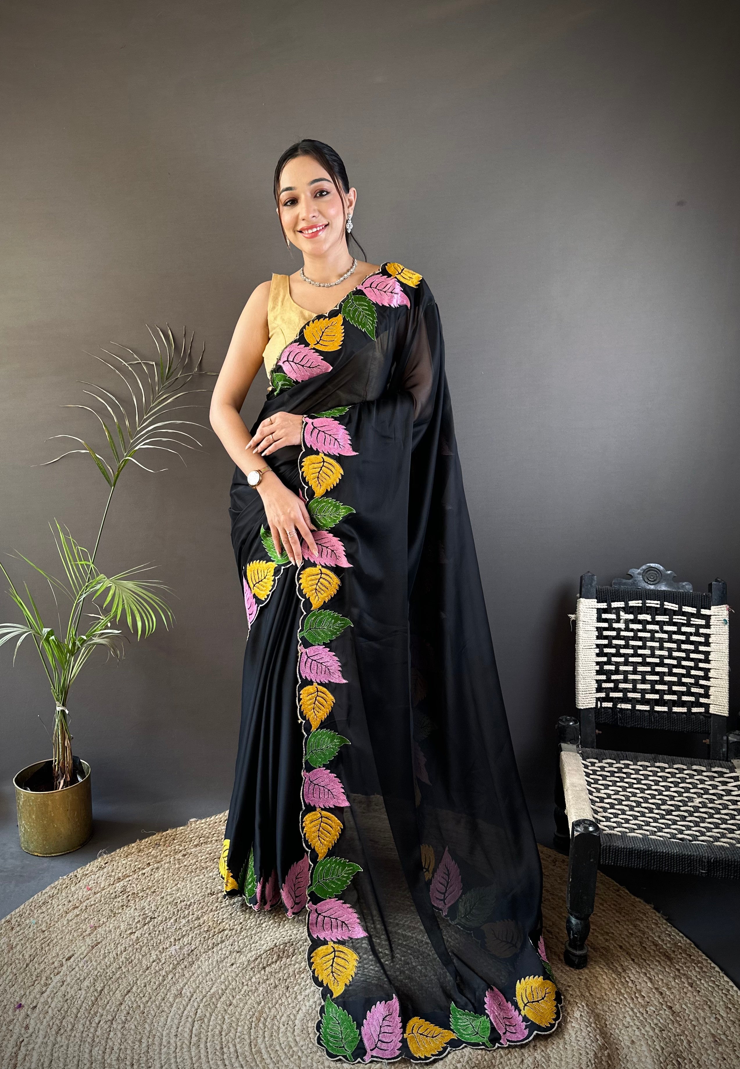 Black Georgette Saree with Multicolor Leaf Embroidery Border & Designer Pallu