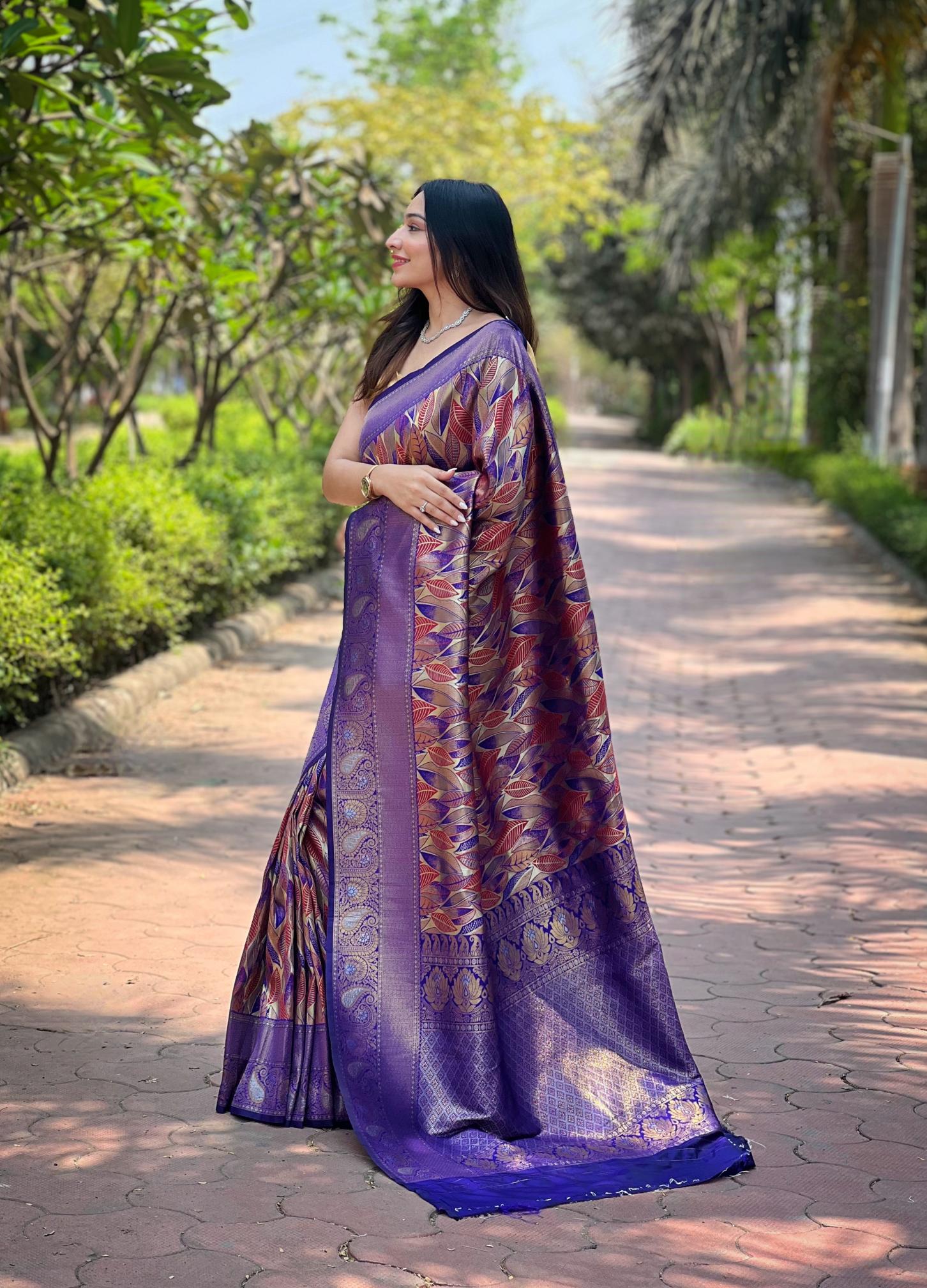 Women's Lavender Purple Banarasi Silk Saree with Multicolor Leaf Design & Rich Woven Zari Border