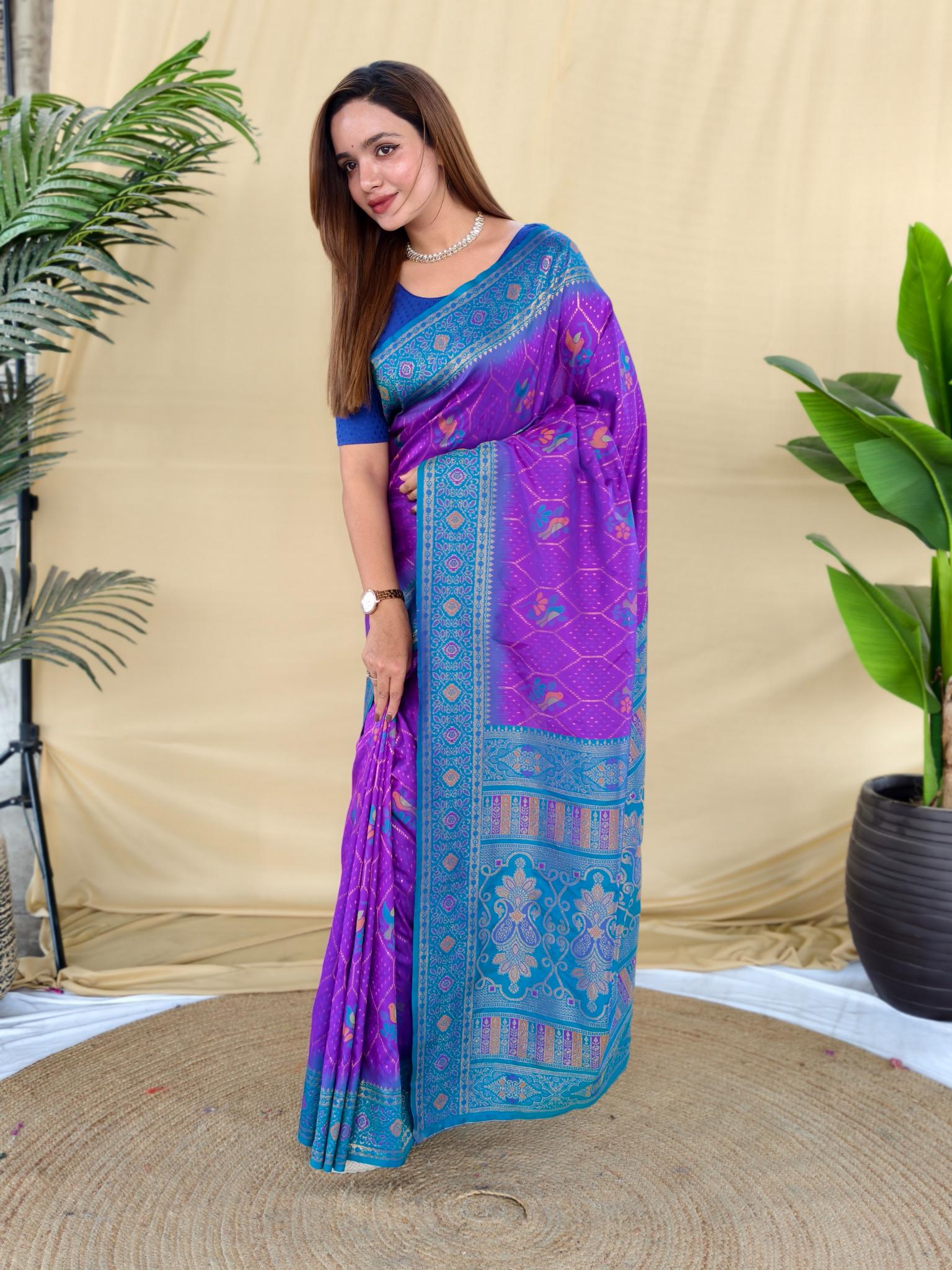 Women's Purple & Sky Blue Banarasi Silk Saree with Rich Woven Zari Border