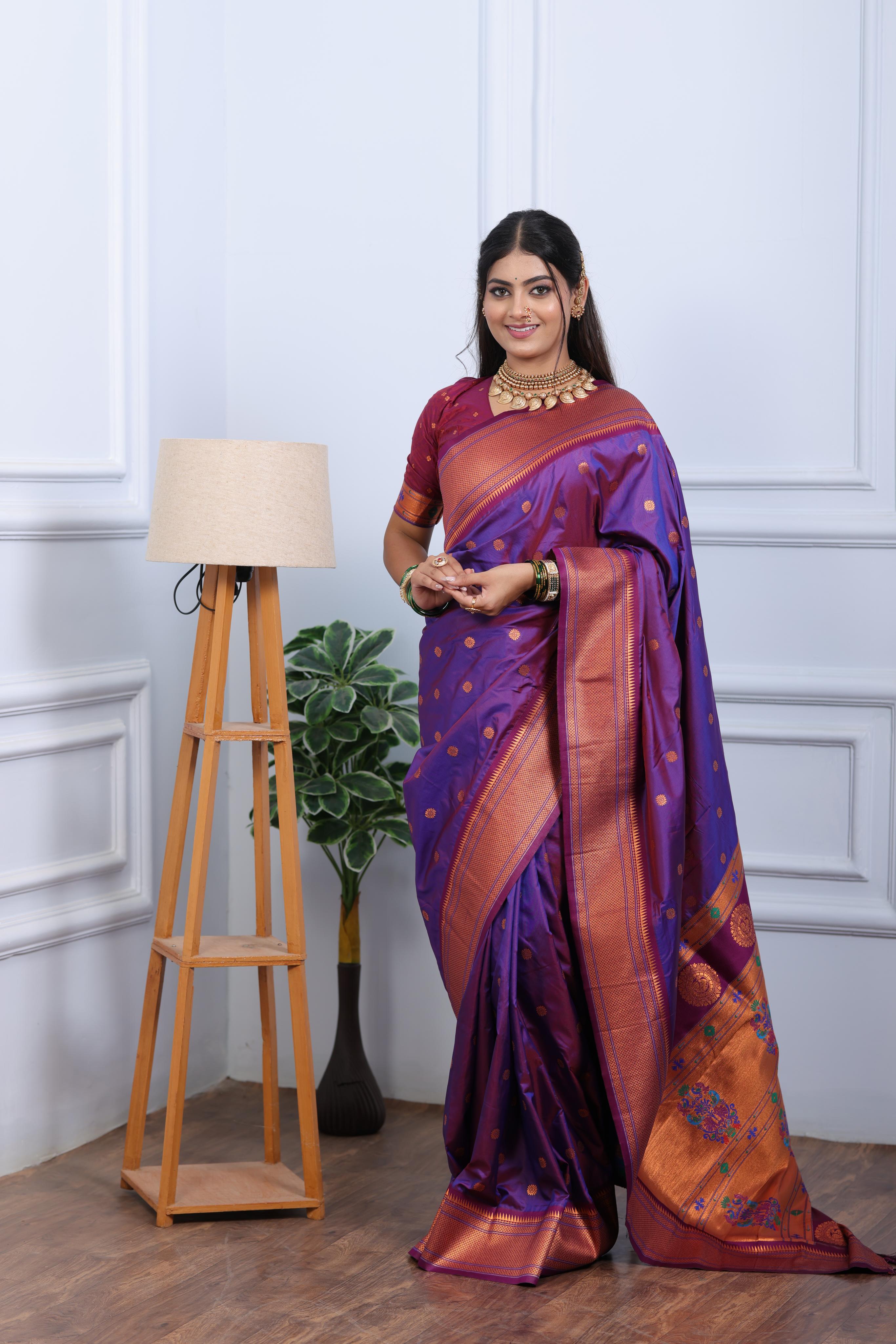 Purple Paithani Silk Saree with Golden Zari Butti, Copper Border & Designer Pallu
