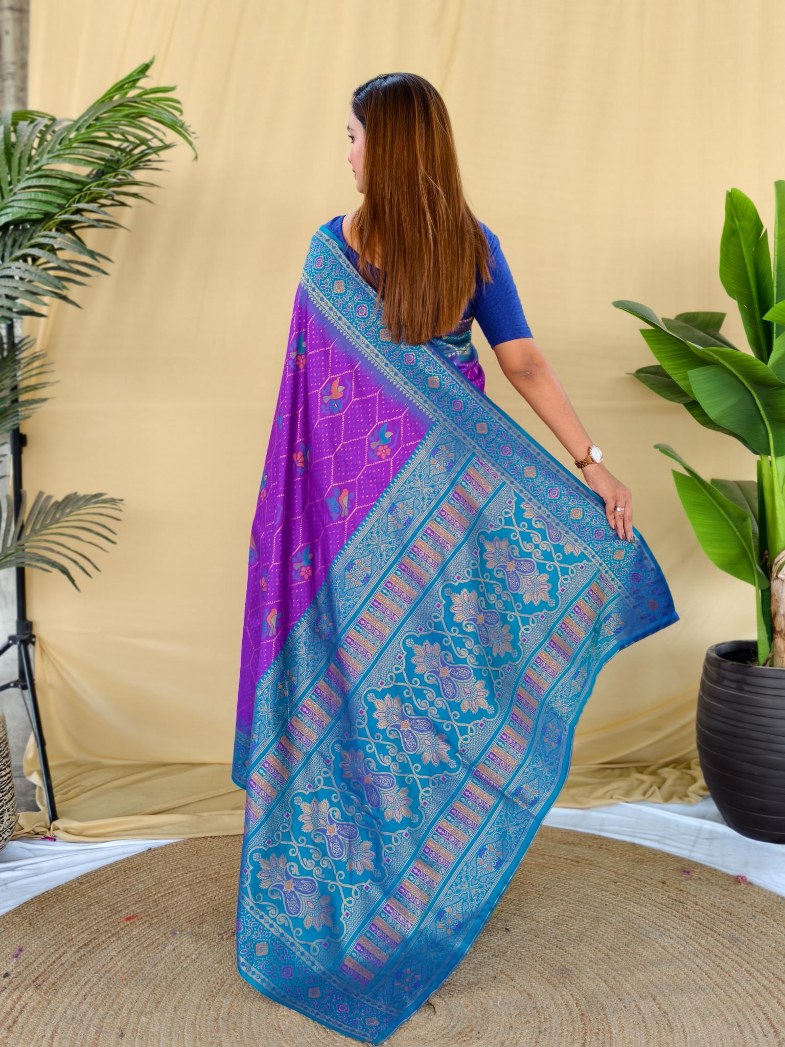 Women's Purple & Sky Blue Banarasi Silk Saree with Rich Woven Zari Border