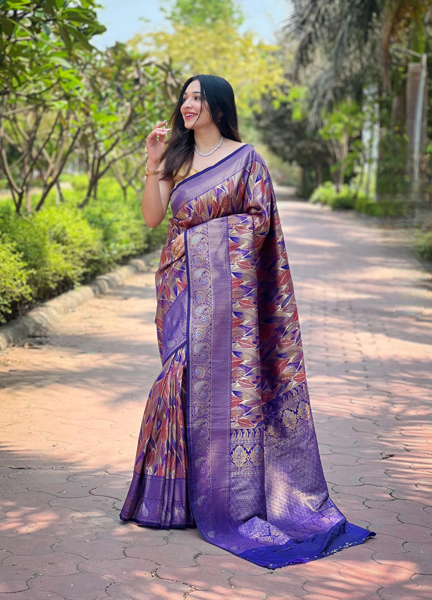 Women's Lavender Purple Banarasi Silk Saree with Multicolor Leaf Design & Rich Woven Zari Border