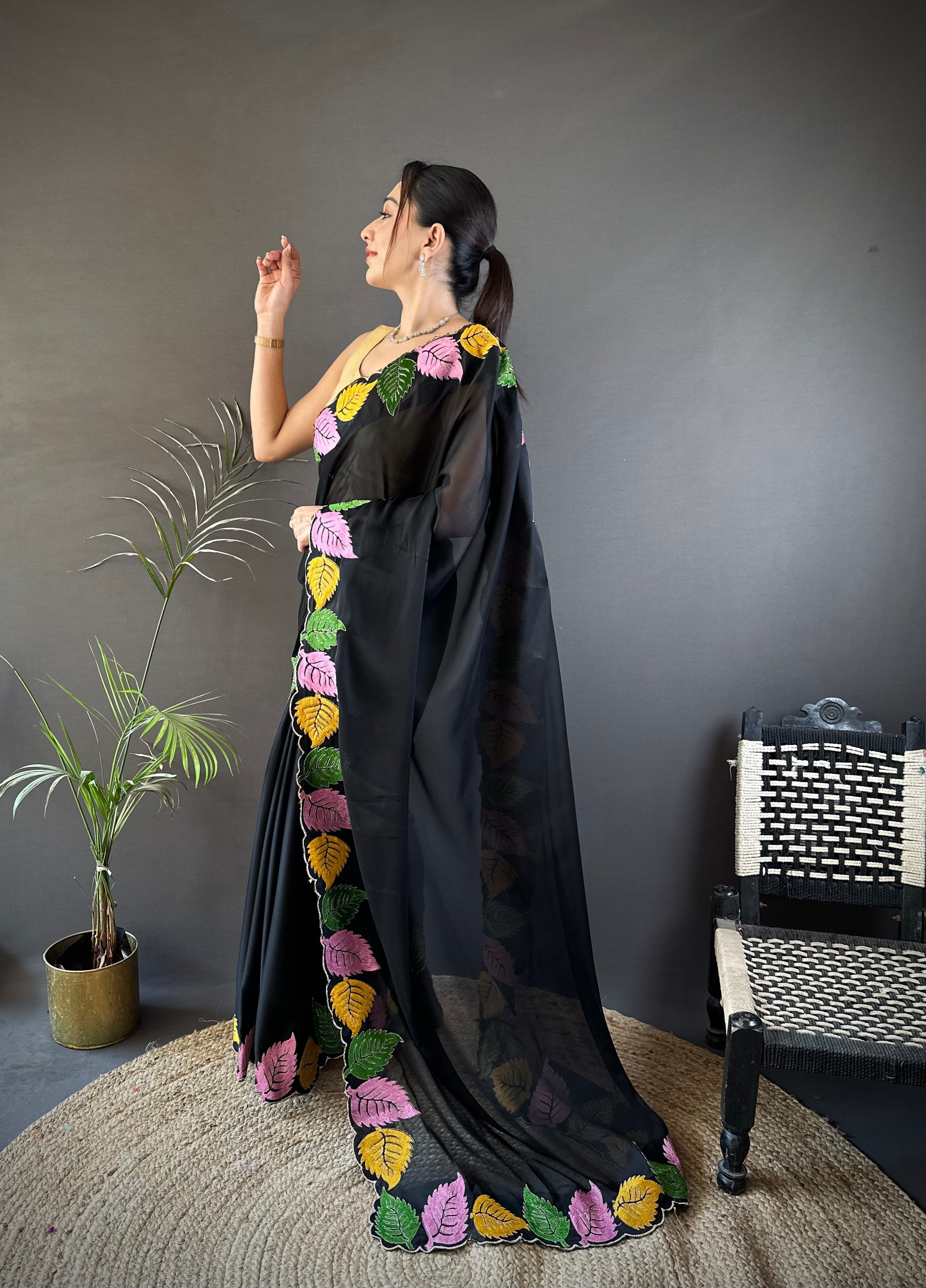 Black Georgette Saree with Multicolor Leaf Embroidery Border & Designer Pallu