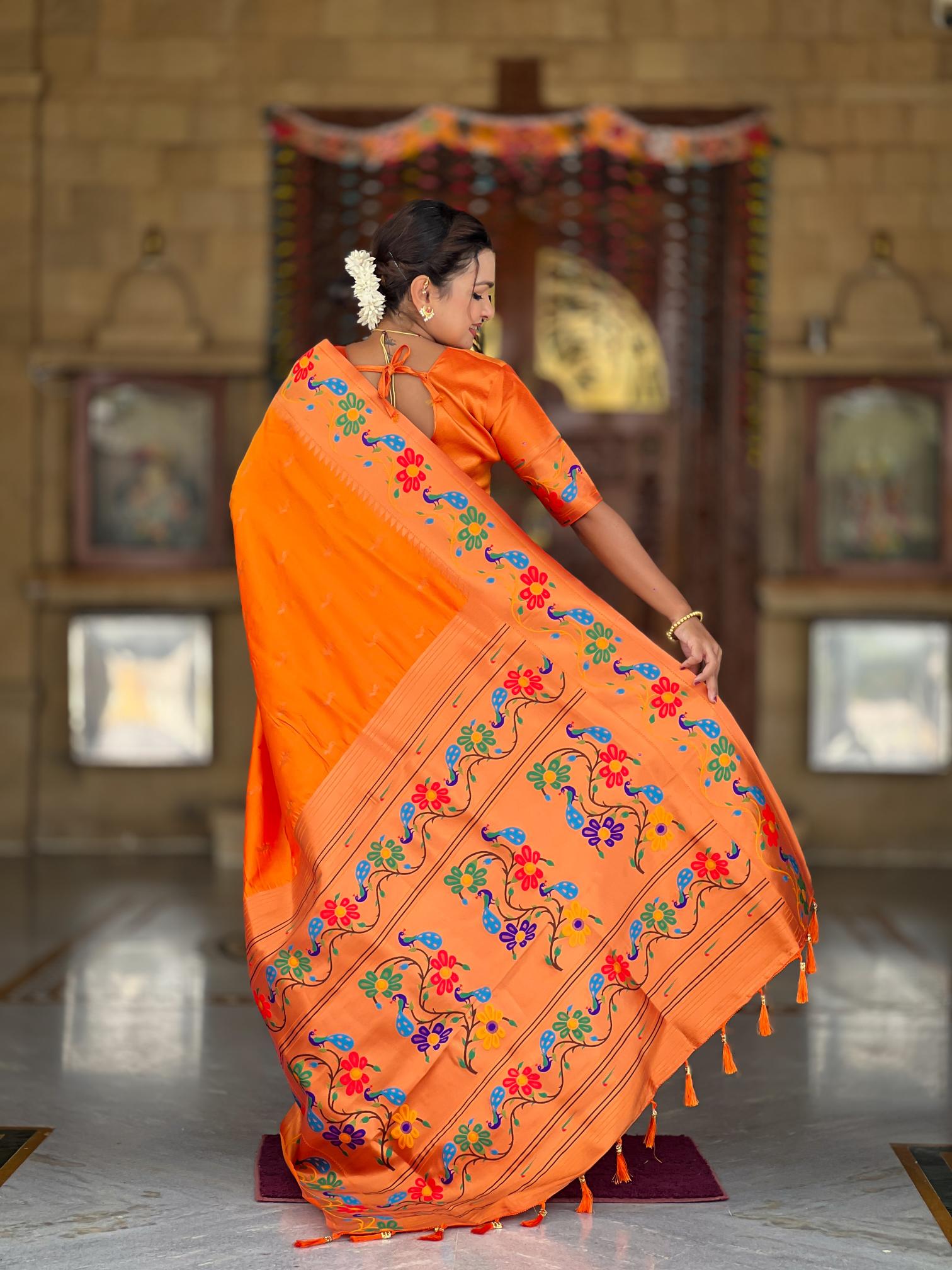 Premium Orange Paithani Silk Saree for Women