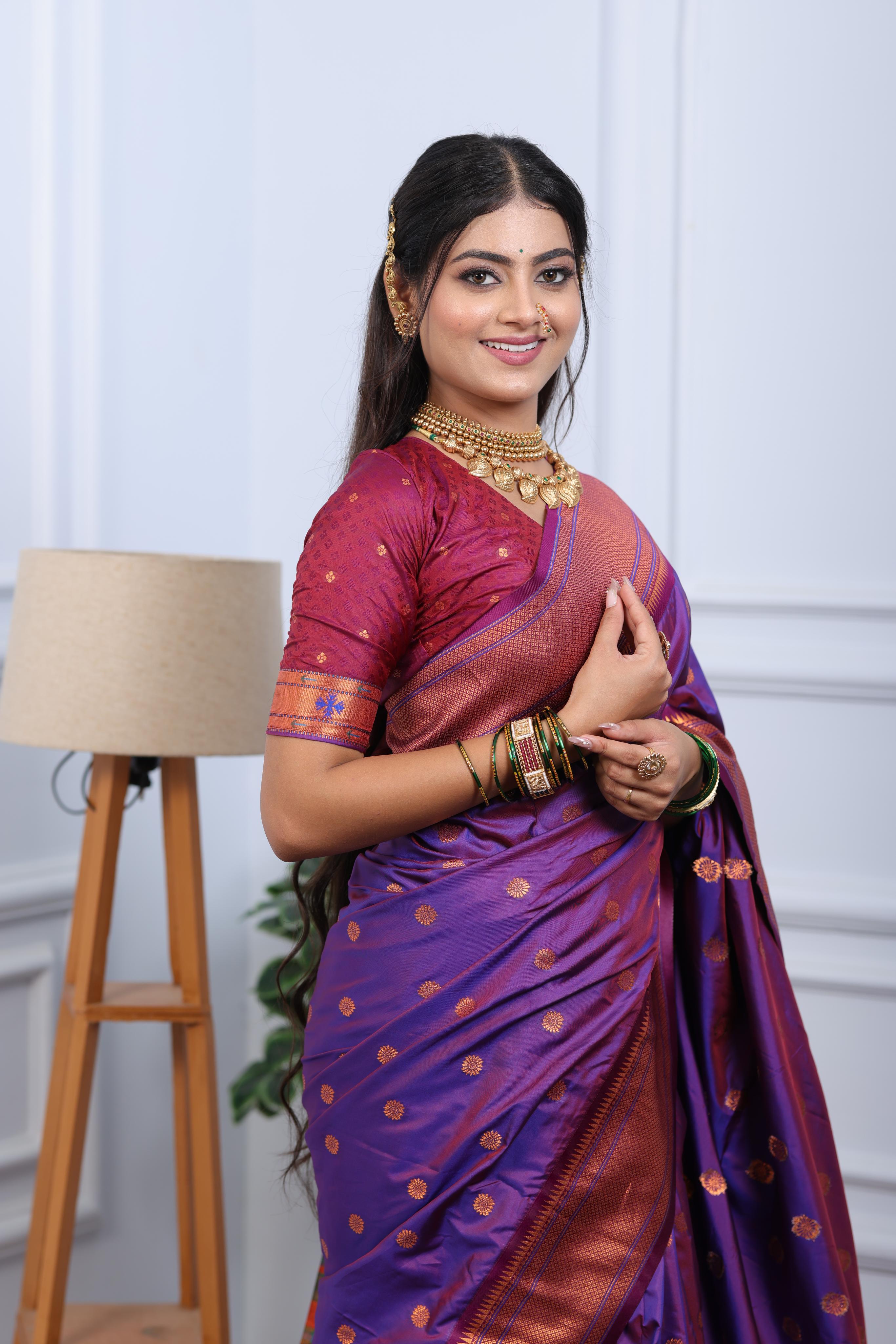 Purple Paithani Silk Saree with Golden Zari Butti, Copper Border & Designer Pallu