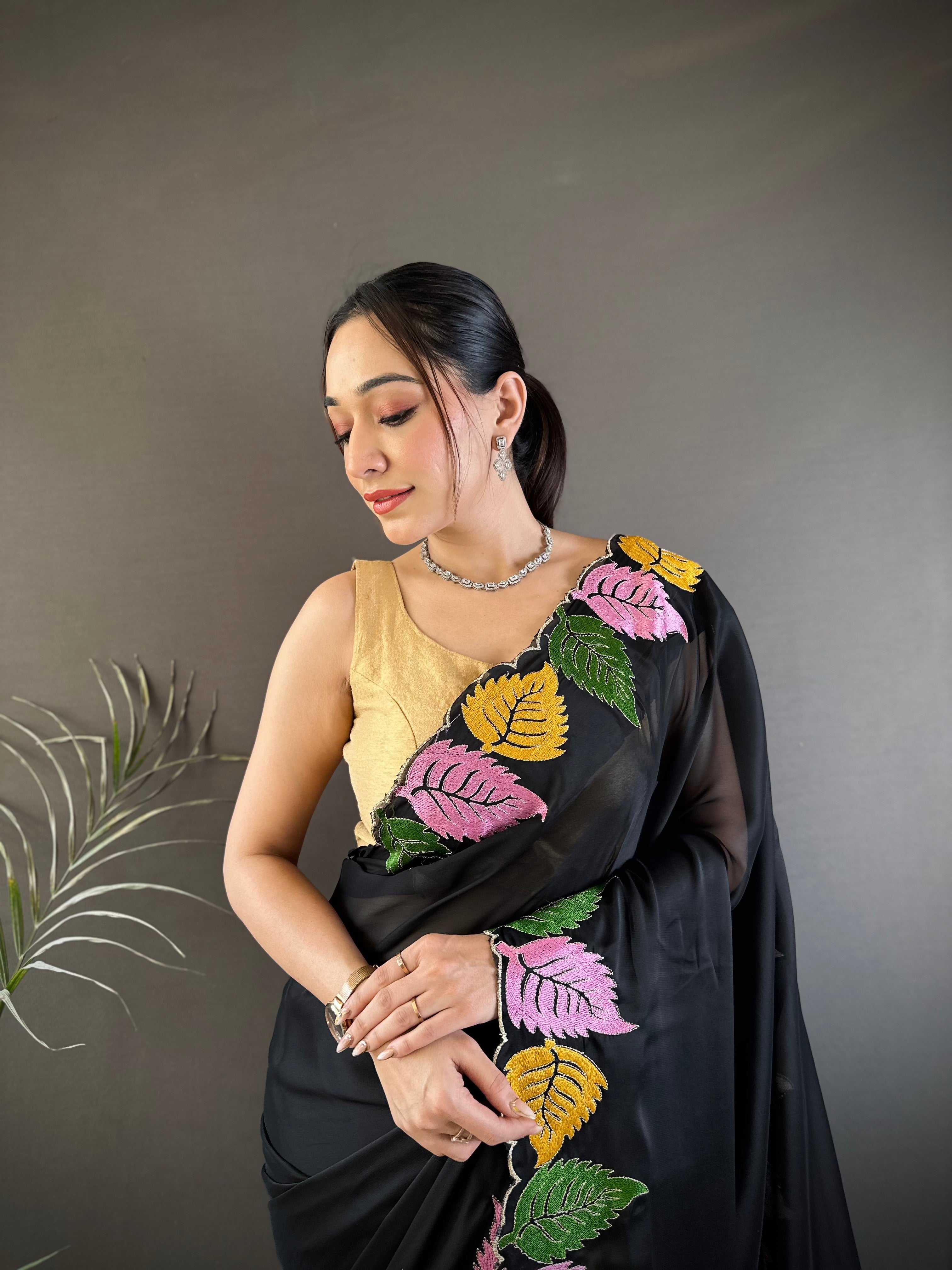 Black Georgette Saree with Multicolor Leaf Embroidery Border & Designer Pallu