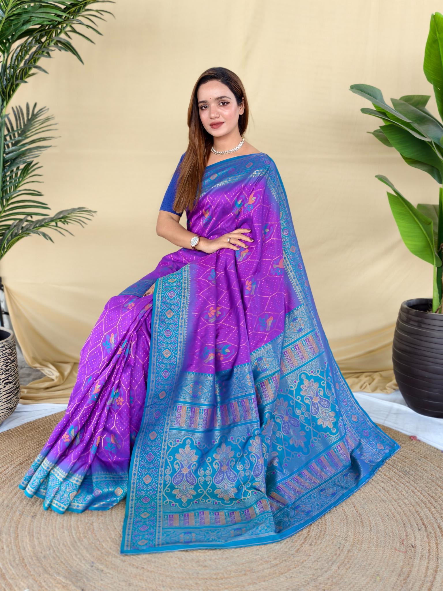 Women's Purple & Sky Blue Banarasi Silk Saree with Rich Woven Zari Border