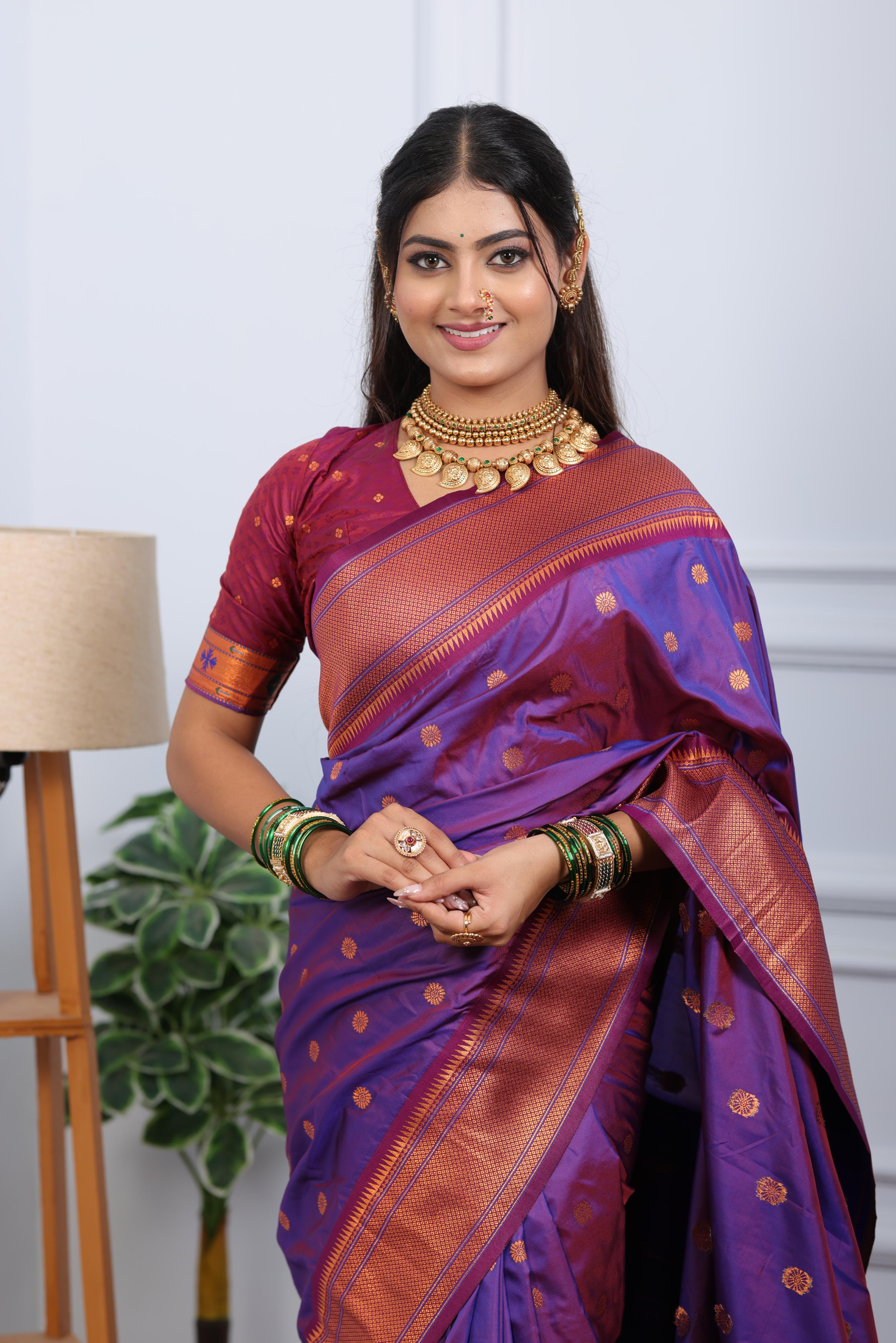 Purple Paithani Silk Saree with Golden Zari Butti, Copper Border & Designer Pallu