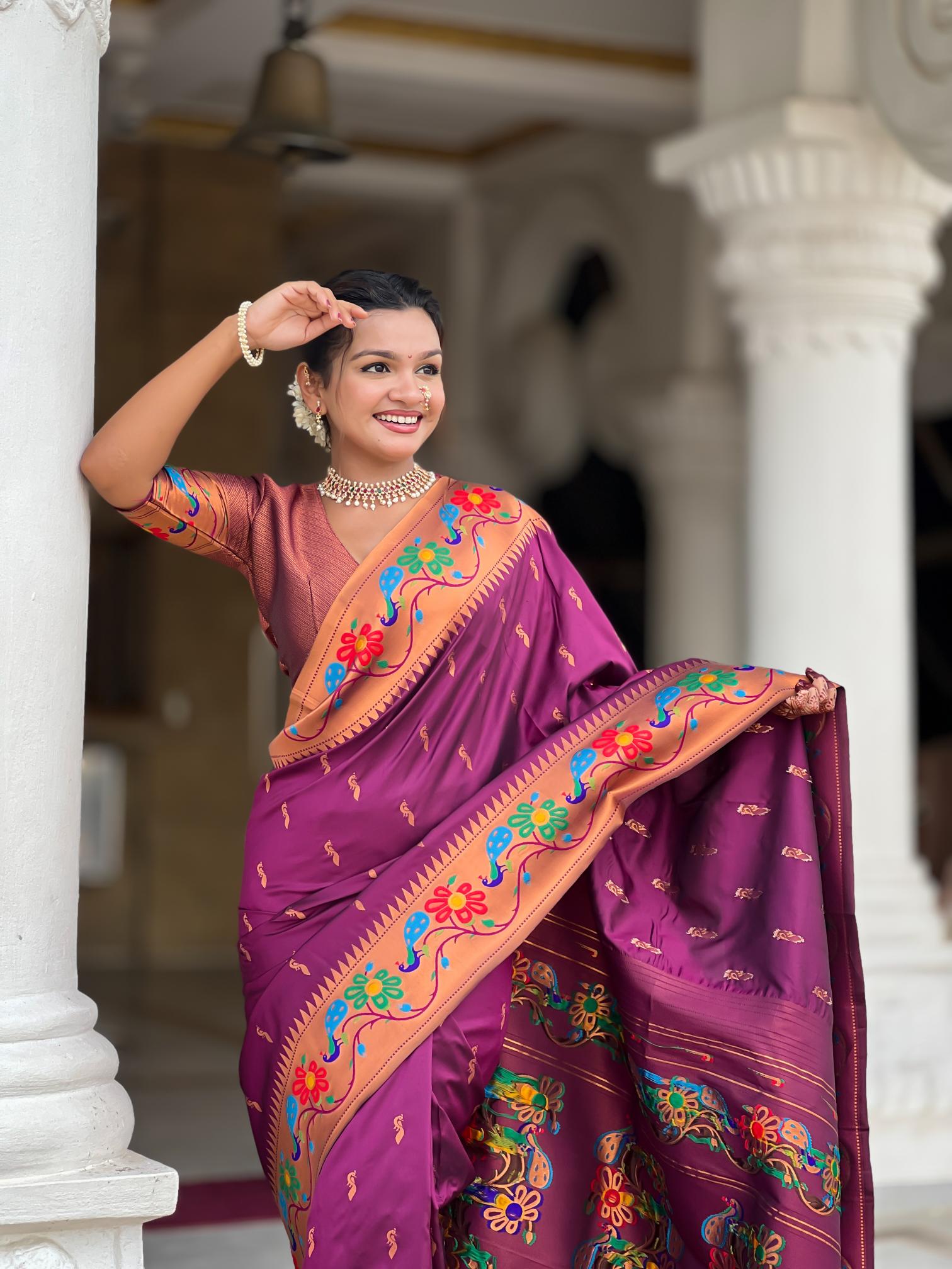 Premium Wine Purple Paithani Silk Saree for Women
