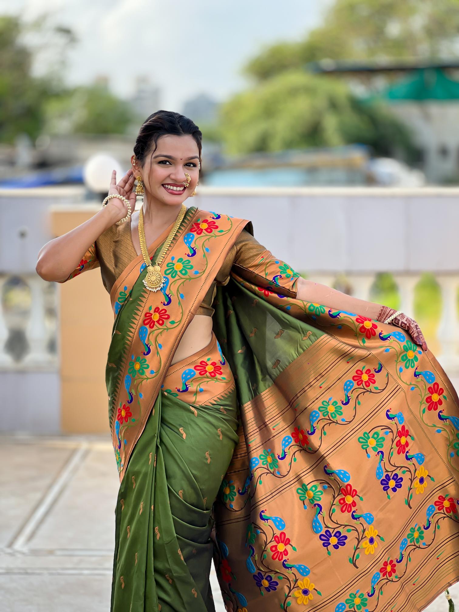 Premium Olive Green Paithani Silk Saree for Women