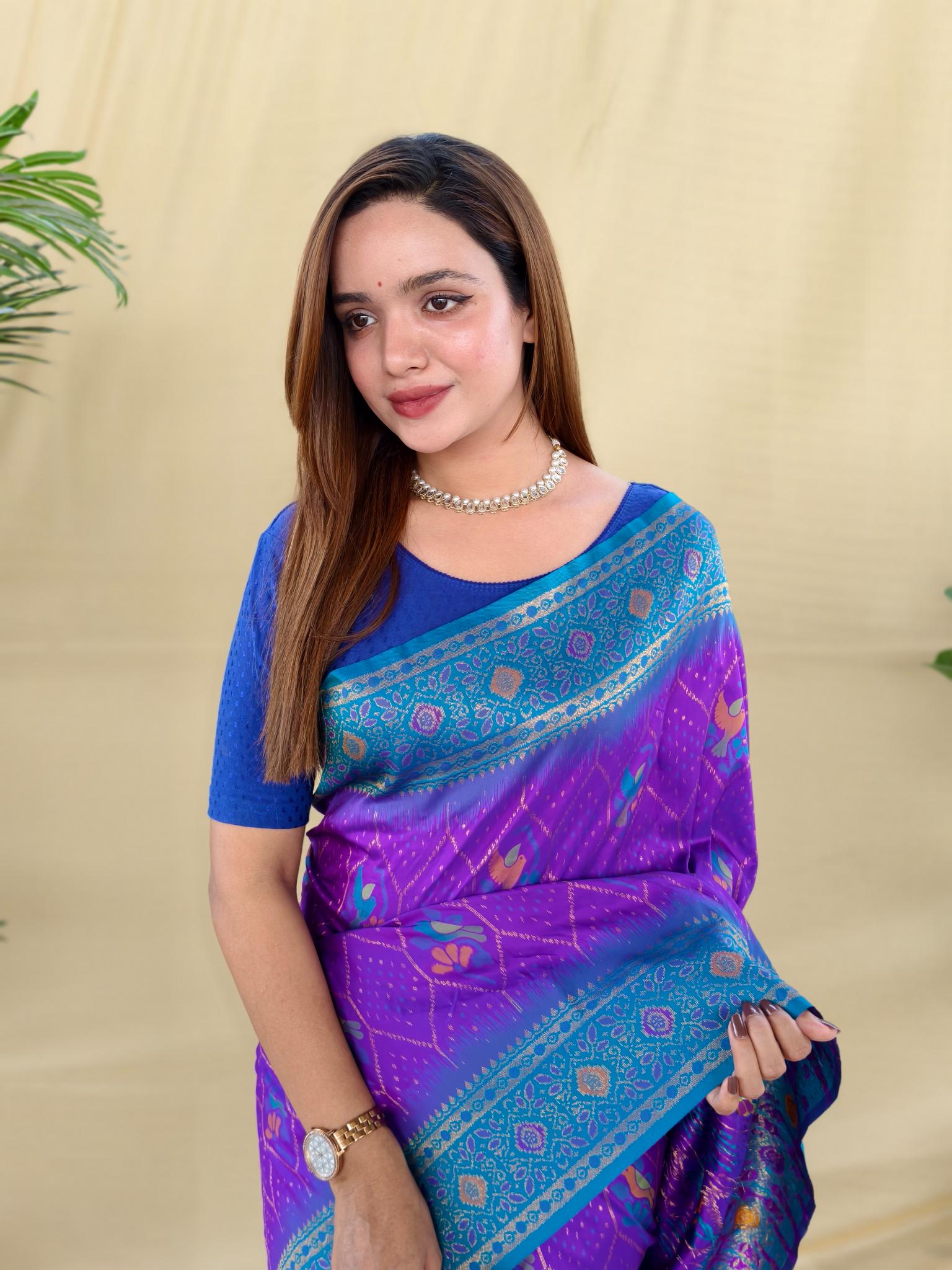 Women's Purple & Sky Blue Banarasi Silk Saree with Rich Woven Zari Border