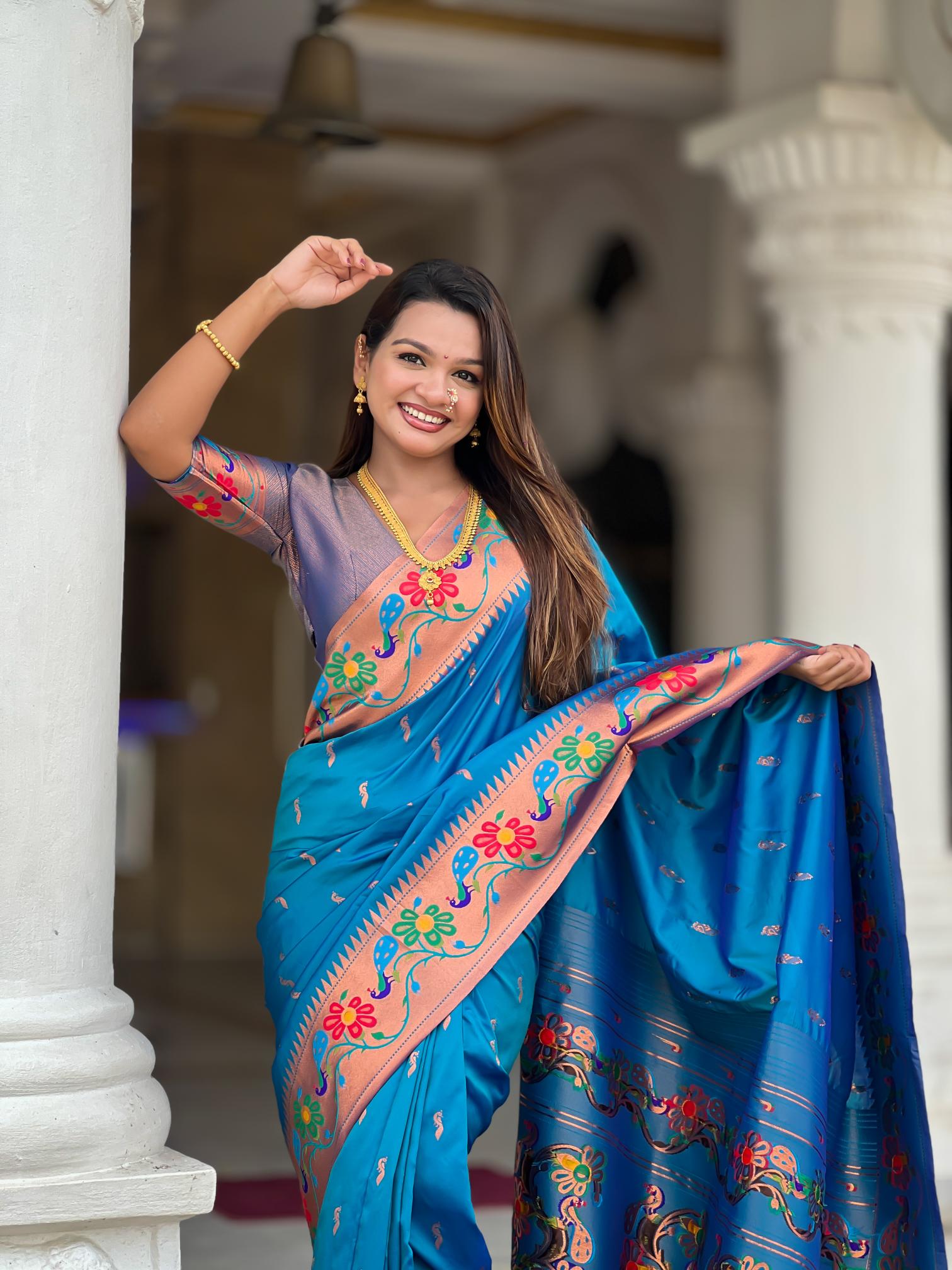 Premium Sky Blue Paithani Silk Saree for Women