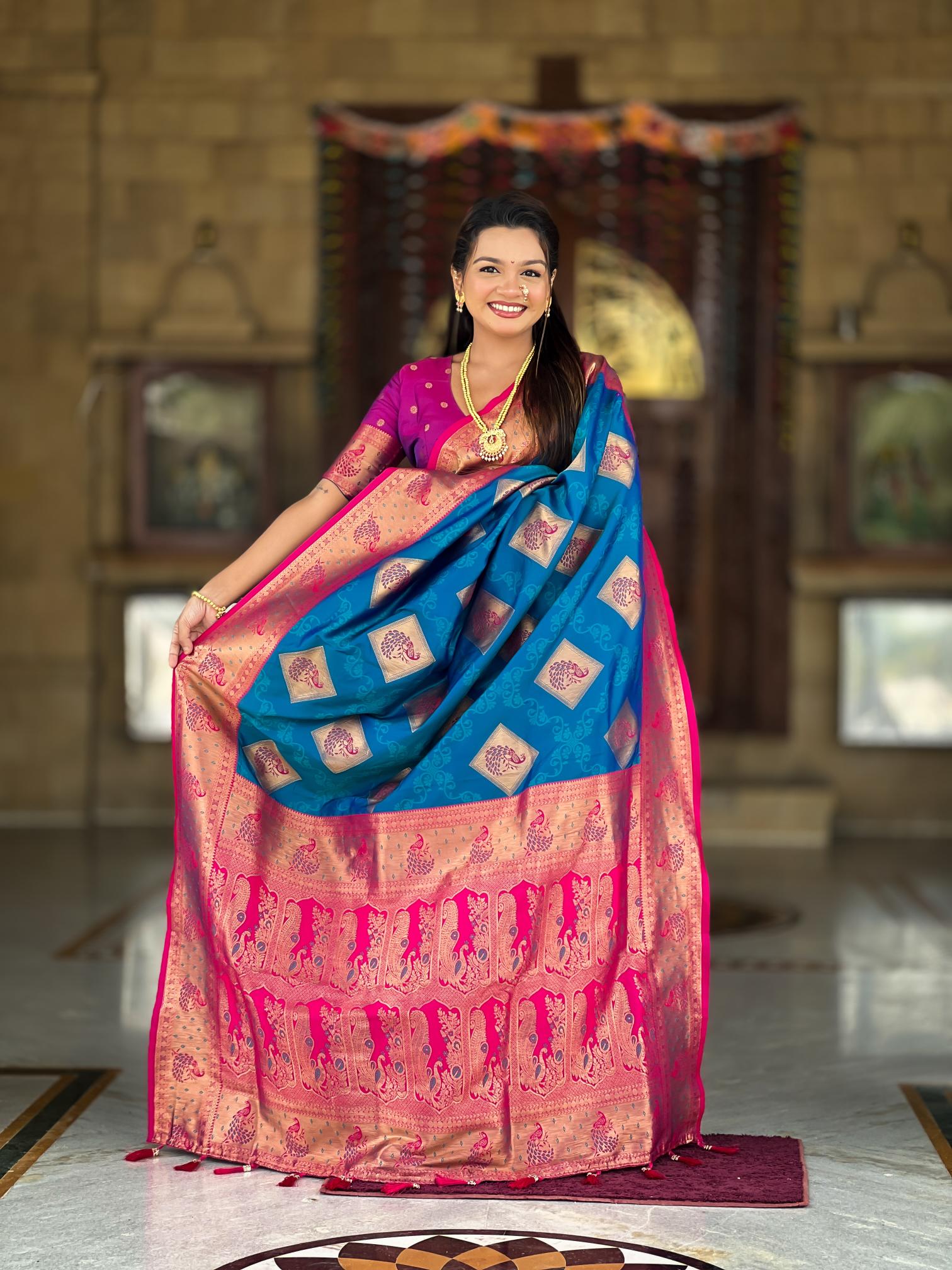 Premium Peacock Blue Banarasi Silk Saree for Women